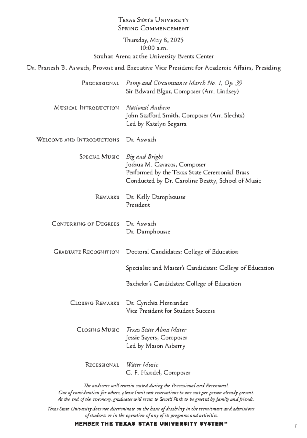 Texas State University Spring Commencement Program 2025 - Studocu
