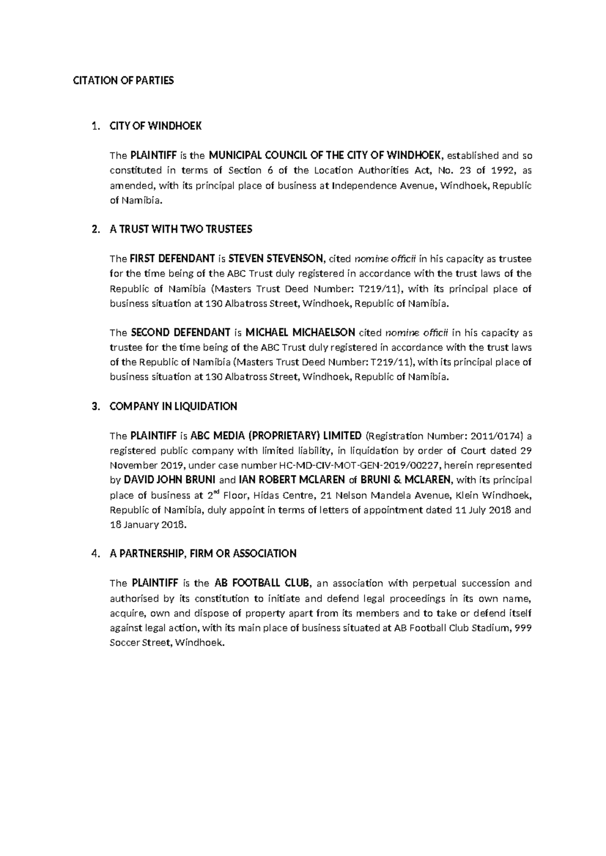 CITATION OF PARTIES - Legal Notes for Case Study in Namibia - Studocu