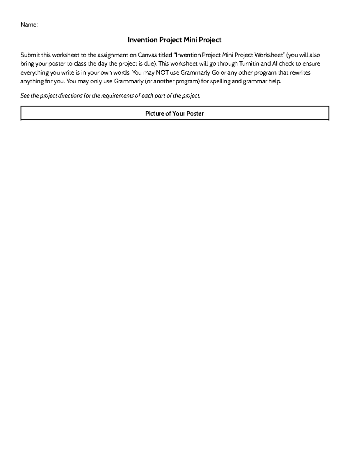 World I Invention Project Mini Project Worksheet - Studocu