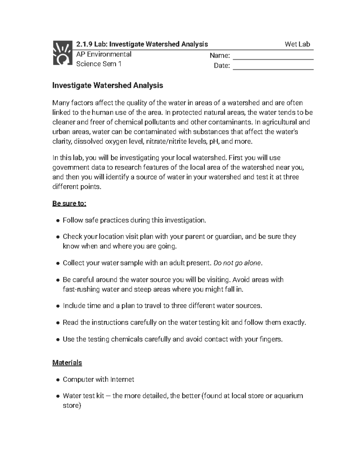 2.1.9 Lab: Watershed Analysis Investigation (Wet Lab) - Studocu