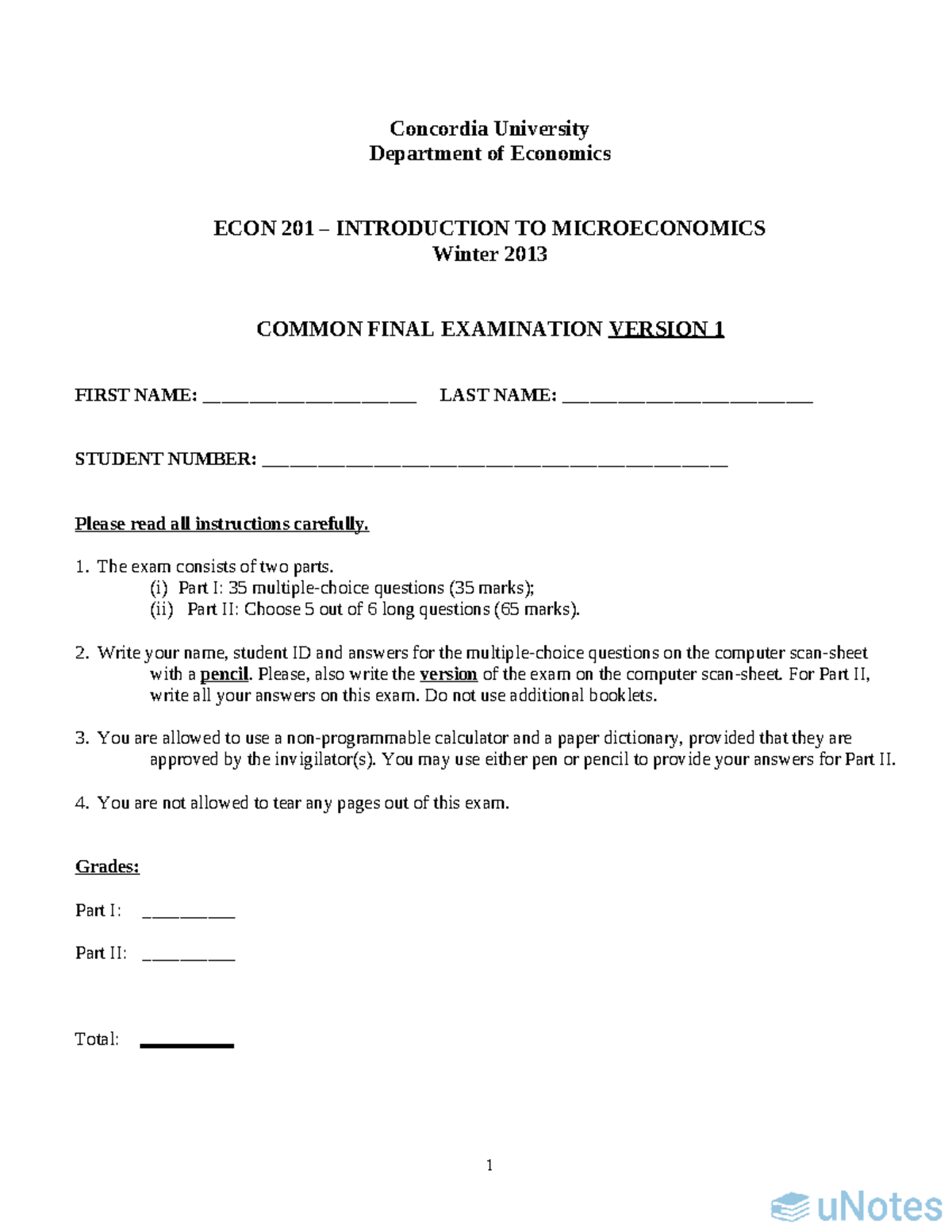 ECON 201 - Introduction to Microeconomics Final Exam - Winter 2013 ...