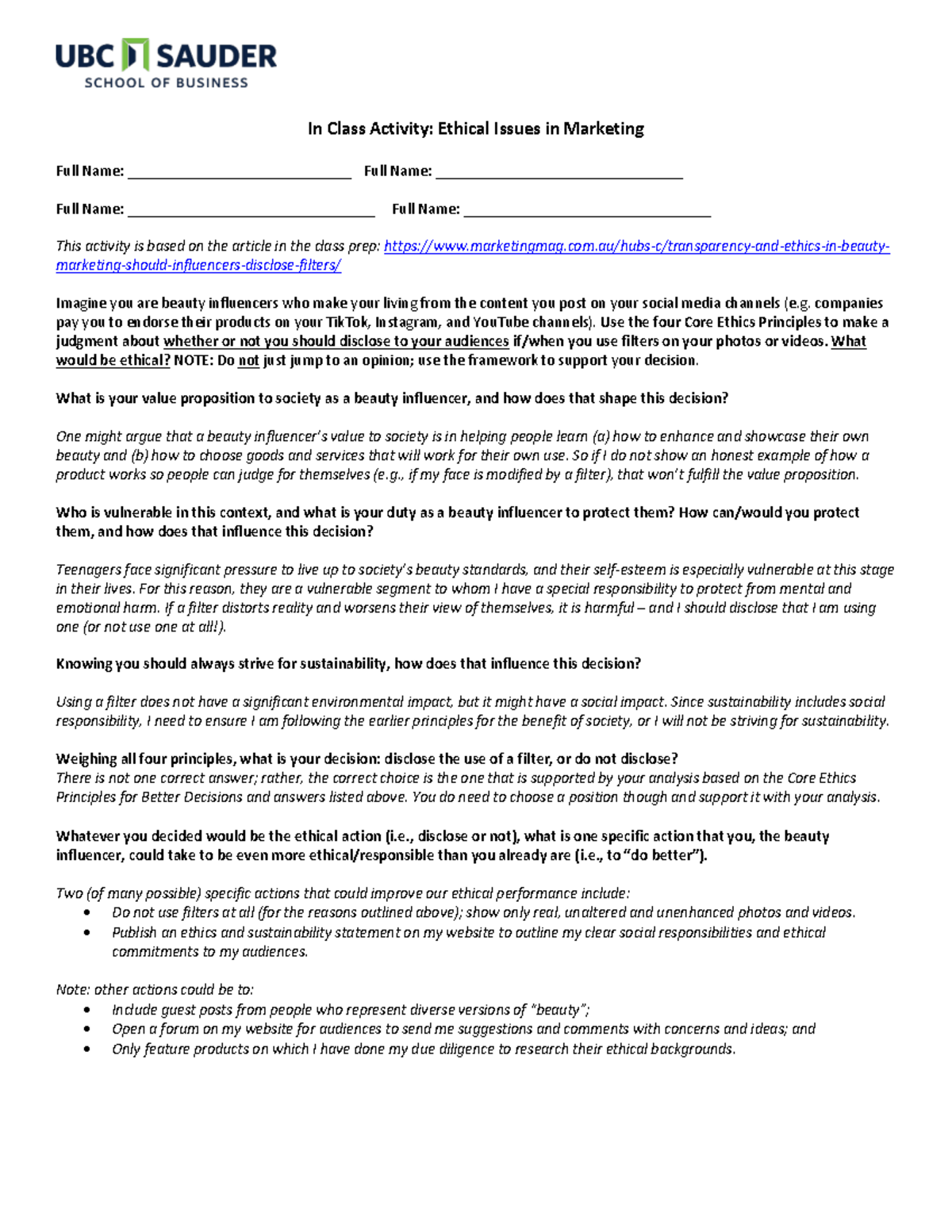 C296 Class 23 In-Class Activity: Ethical Marketing Decisions - Studocu