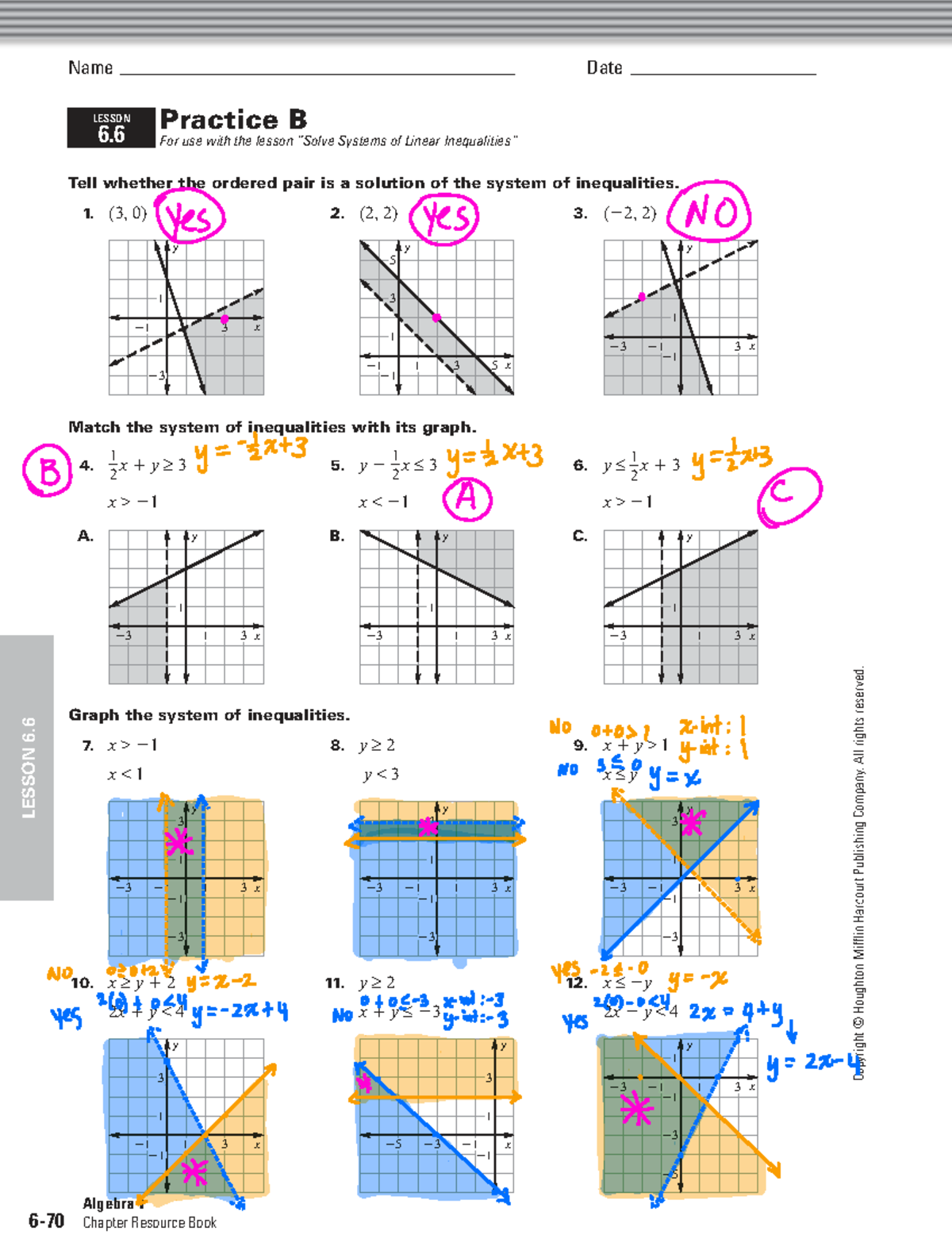 Algebra 1 Lesson 6: Practice B for Systems of Linear Inequalities - Studocu
