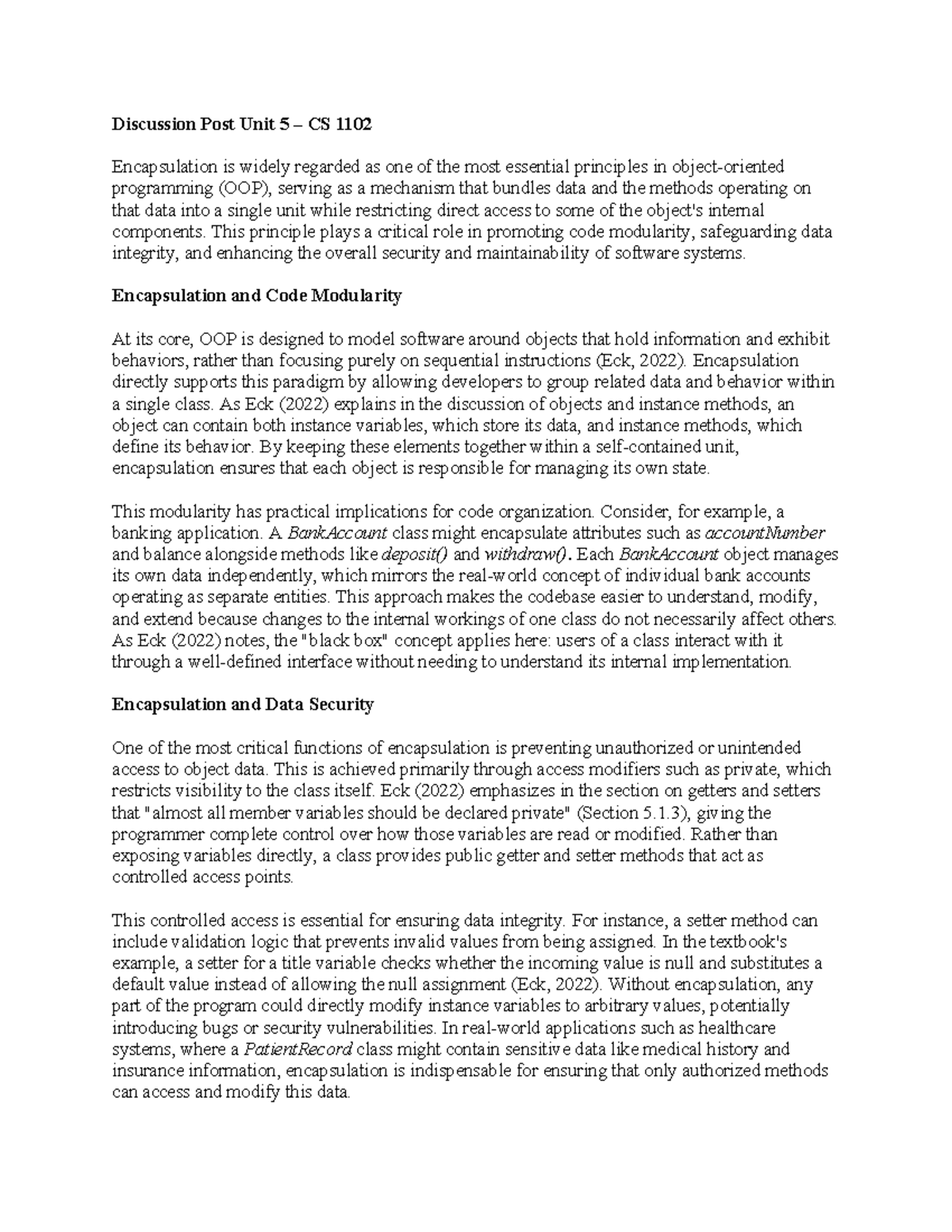 Discussion Post Unit 5: CS 1102 - Understanding Encapsulation in OOP ...