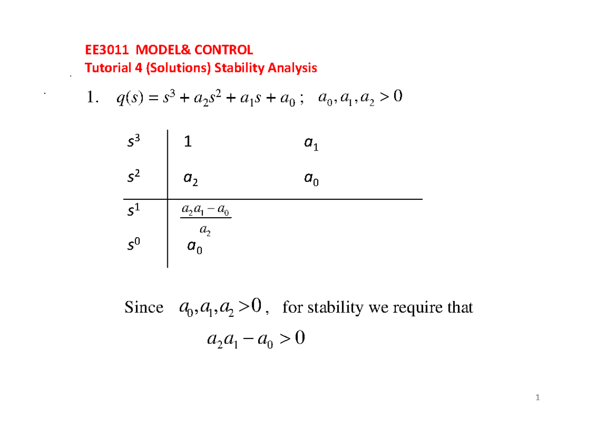 EE3011 Tutorial 4 Solutions - Stability Analysis and Control Techniques ...