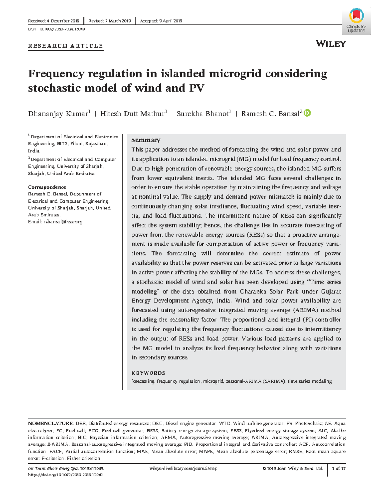Frequency Regulation in Islanded Microgrid: Stochastic Wind & PV Model ...