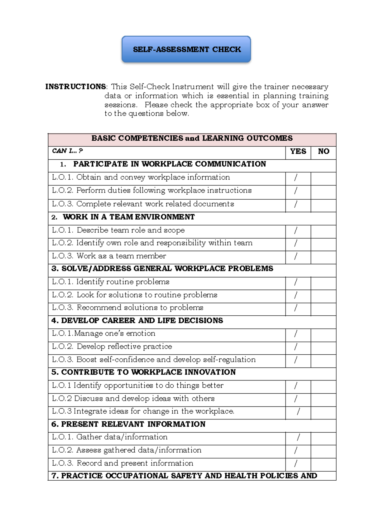 01A - SELF- Assessment Check - SELF-ASSESSMENT CHECK INSTRUCTIONS: This ...