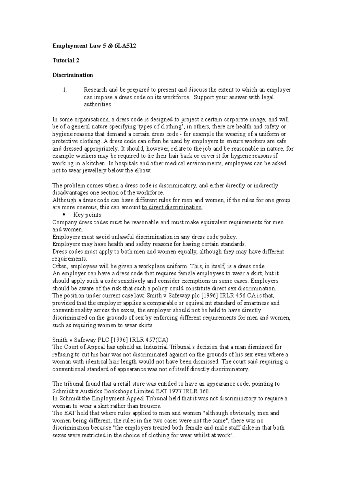 Employment Law 5 & 6LA: Tutorial 2 on Discrimination & Dress Codes ...