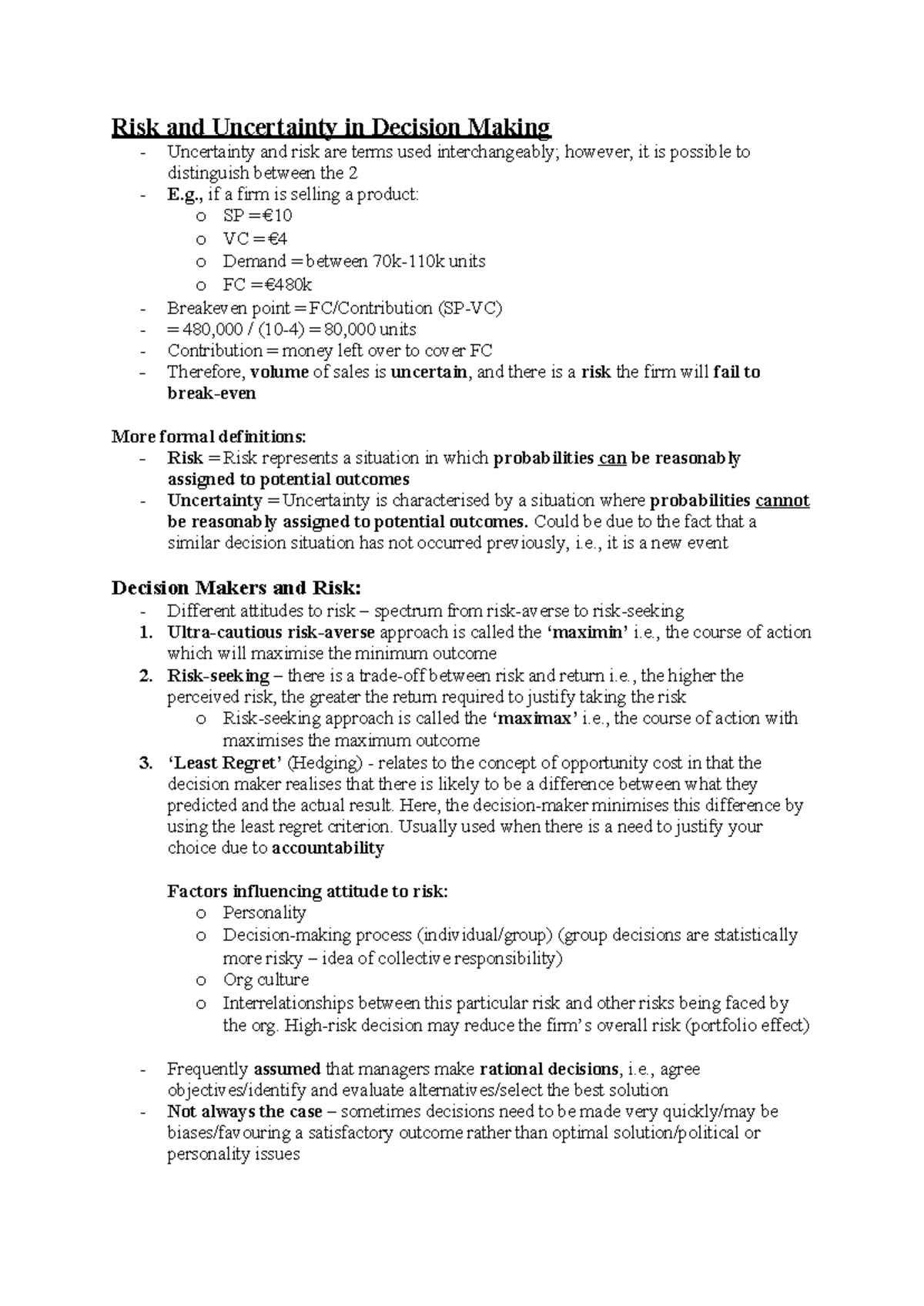 Topic 1 - Risk and Uncertainty in Decision Making (BUS 101) - Studocu