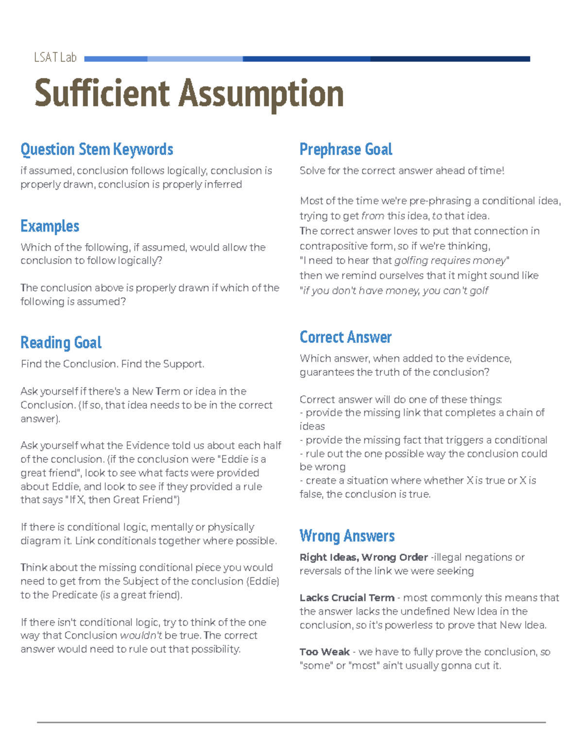 LSAT 101: Mastering Sufficient Assumption Techniques - Studocu