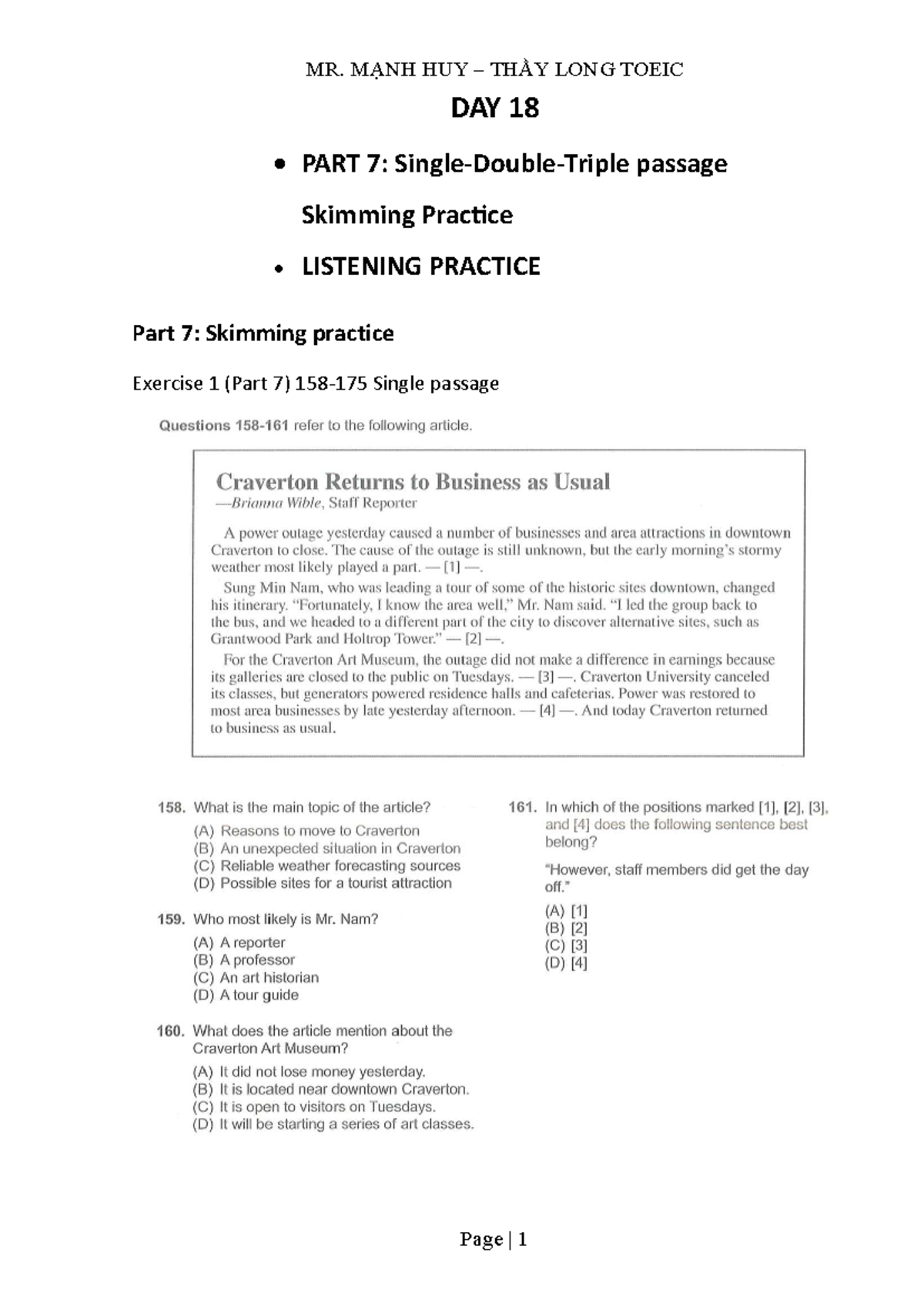 TOEIC DAY 18: Listening Practice & Skimming Exercises - Studocu