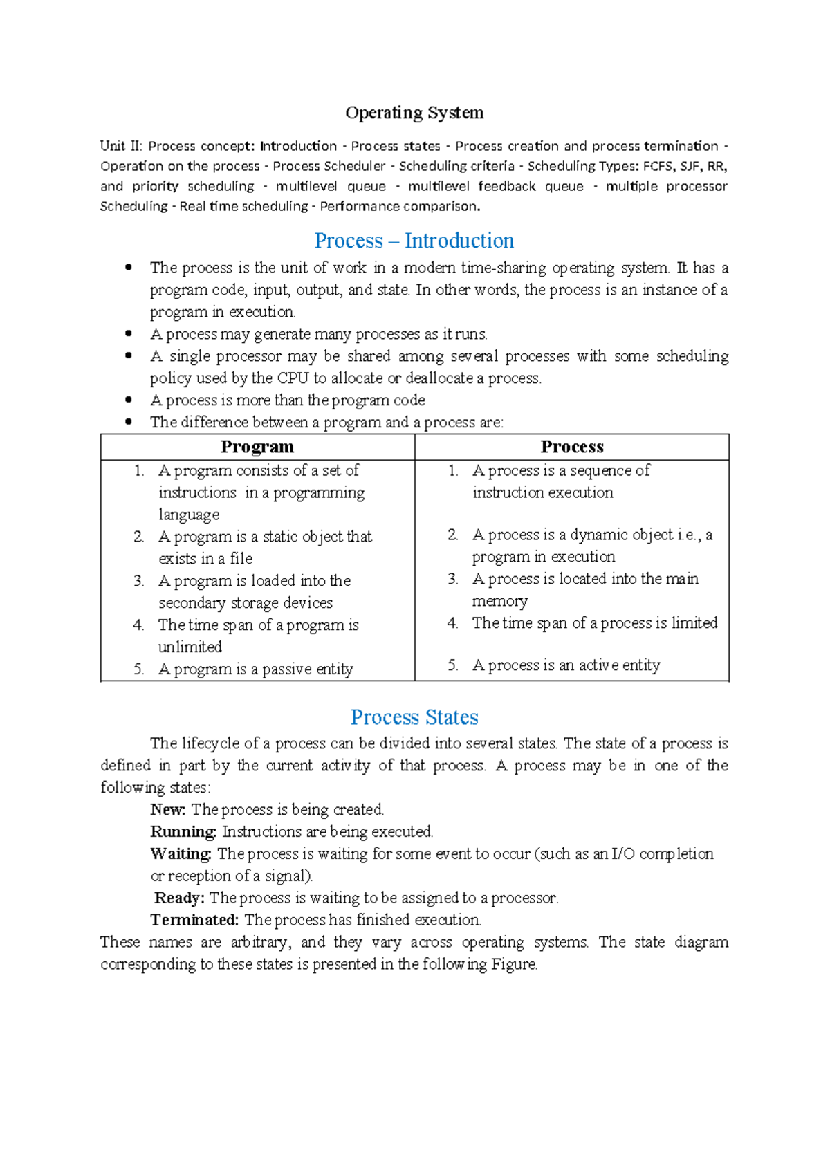 OS Unit II notes - Operating System Unit II: Process concept ...