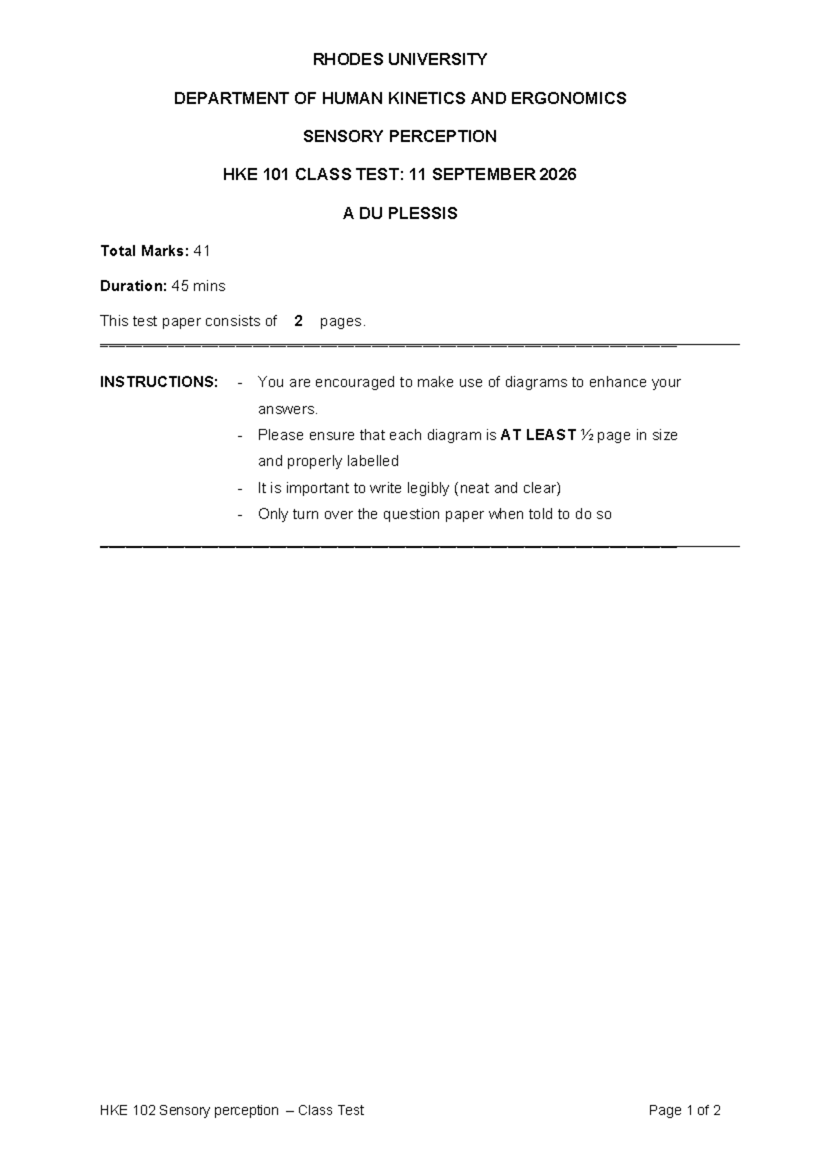 HKE 102 Sensory Perception Class Test Memo: Vision Insights - Studocu