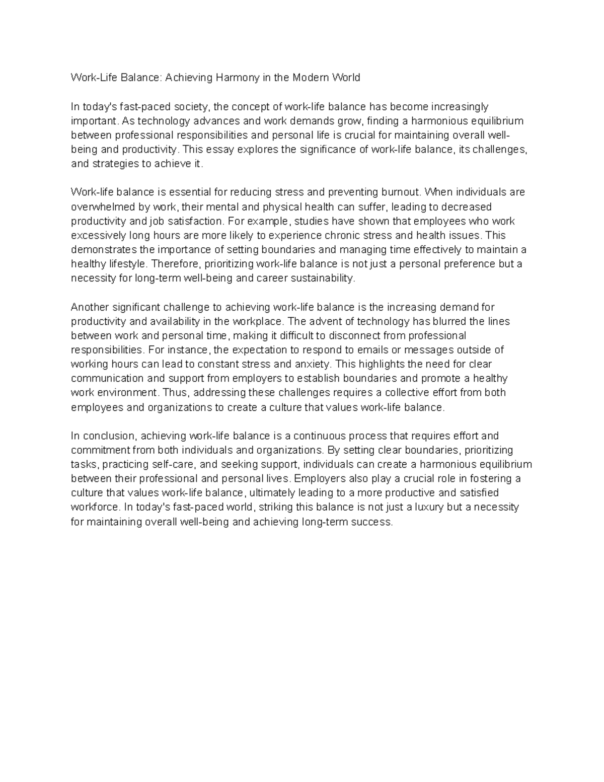 Work Life Balance Essay - Work-Life Balance: Achieving Harmony in the ...