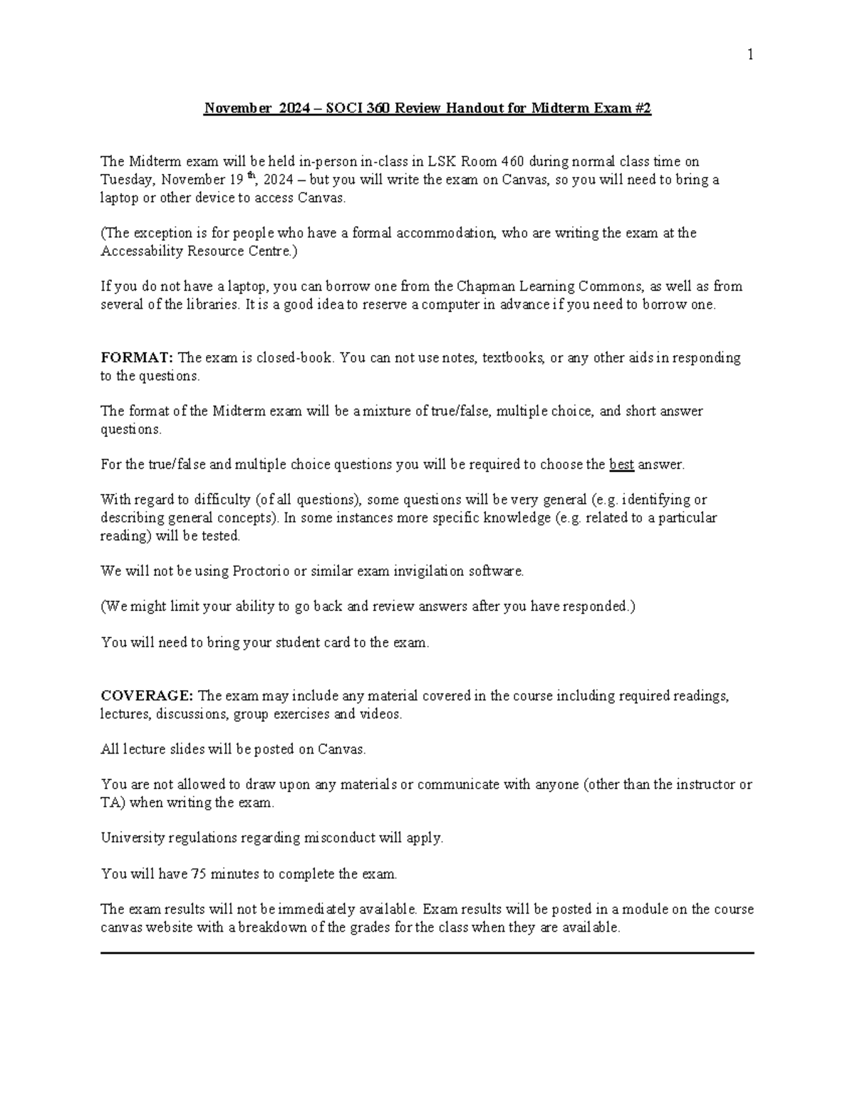 SOCI 360 Fall 2024 Midterm Exam #2 Review Handout v02 - Studocu