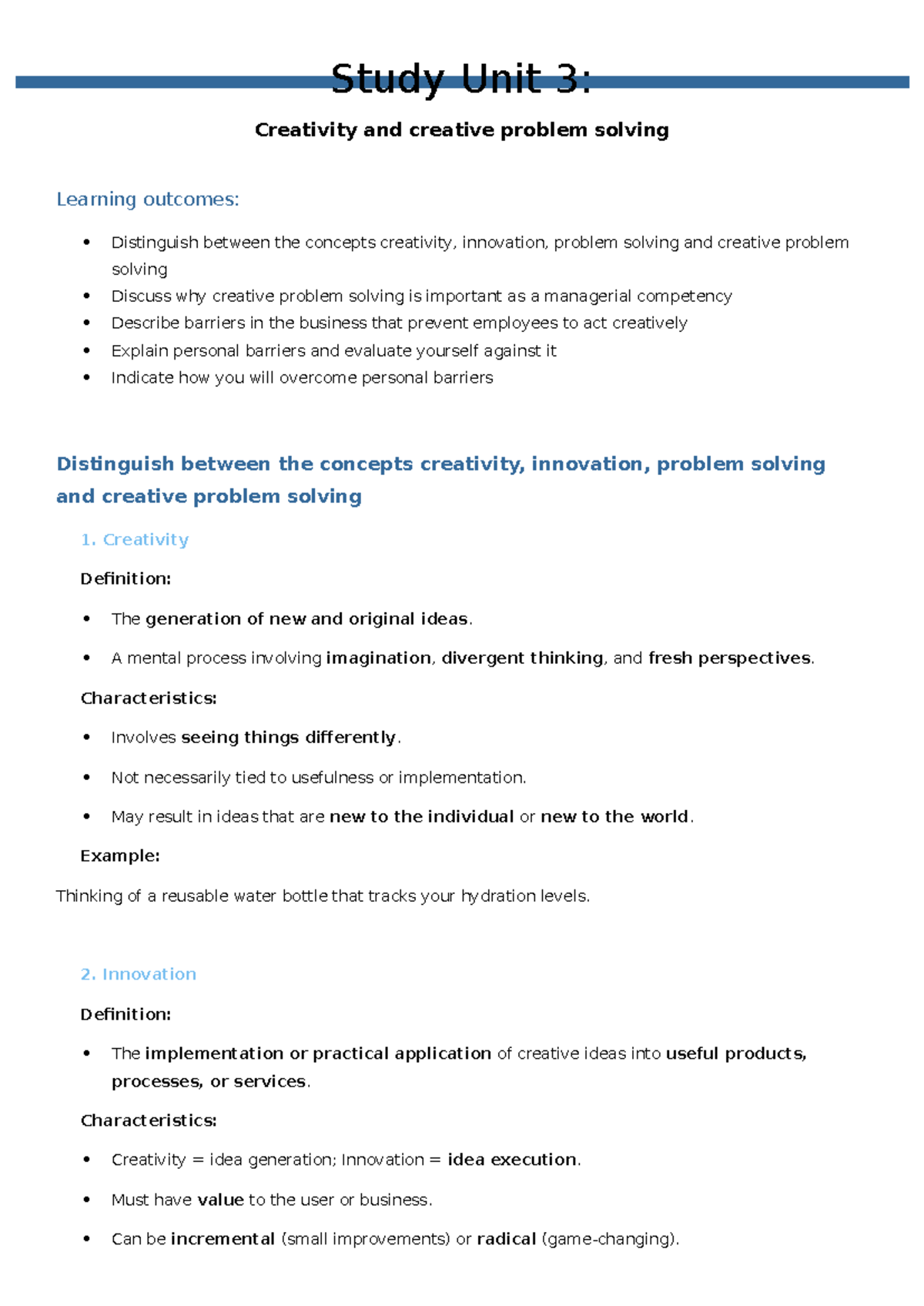 Study Unit 3: Creativity & Problem Solving Notes - Studocu