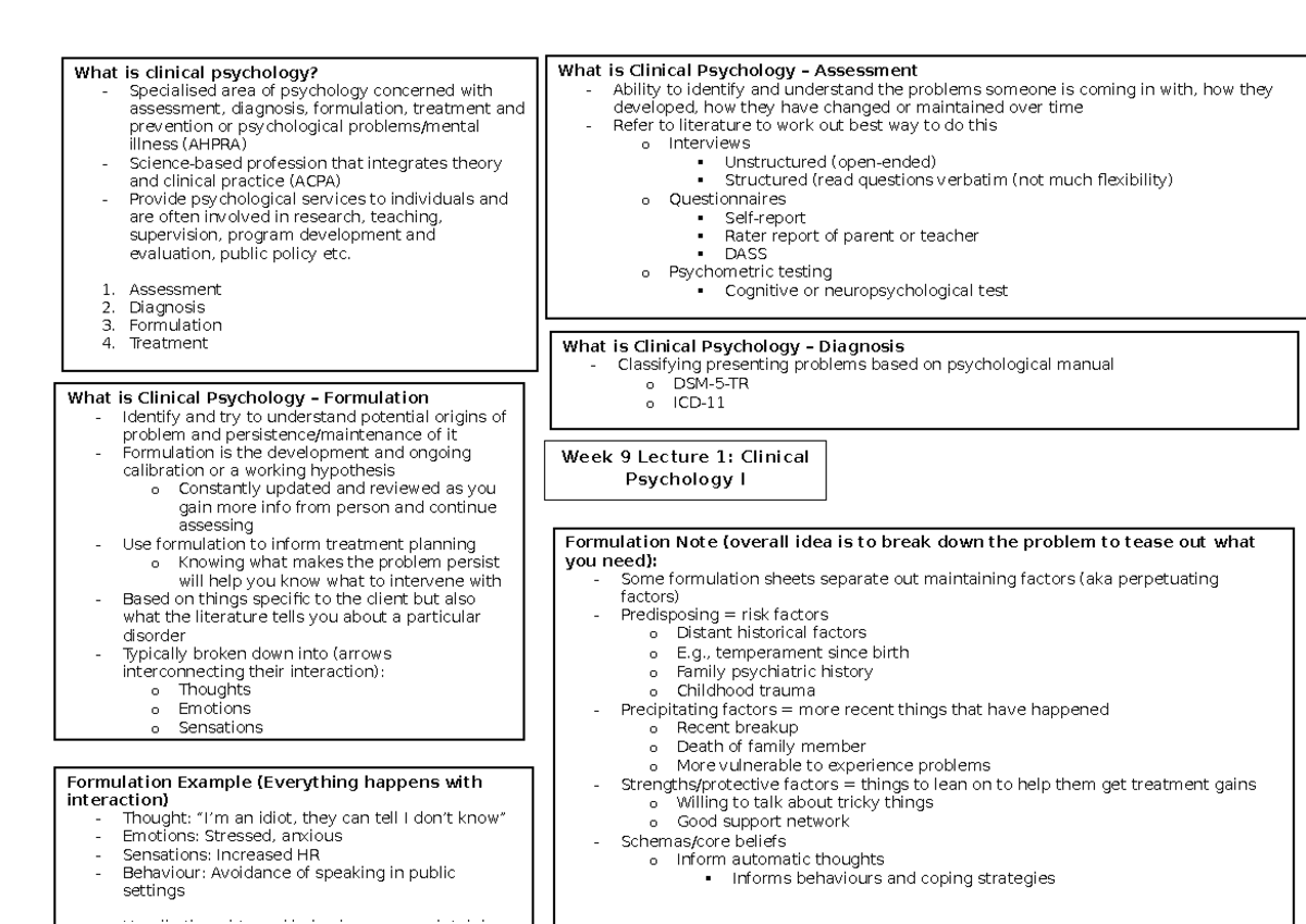 Week 9 Lecture 1: Clinical Psychology Overview and Key Concepts - Studocu