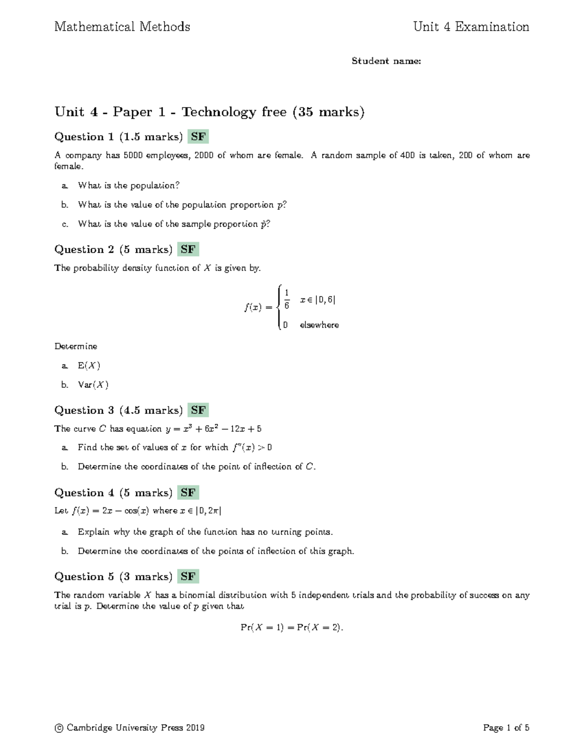 Mathematical Methods Unit 4 Exam Paper (Technology Free) - Studocu