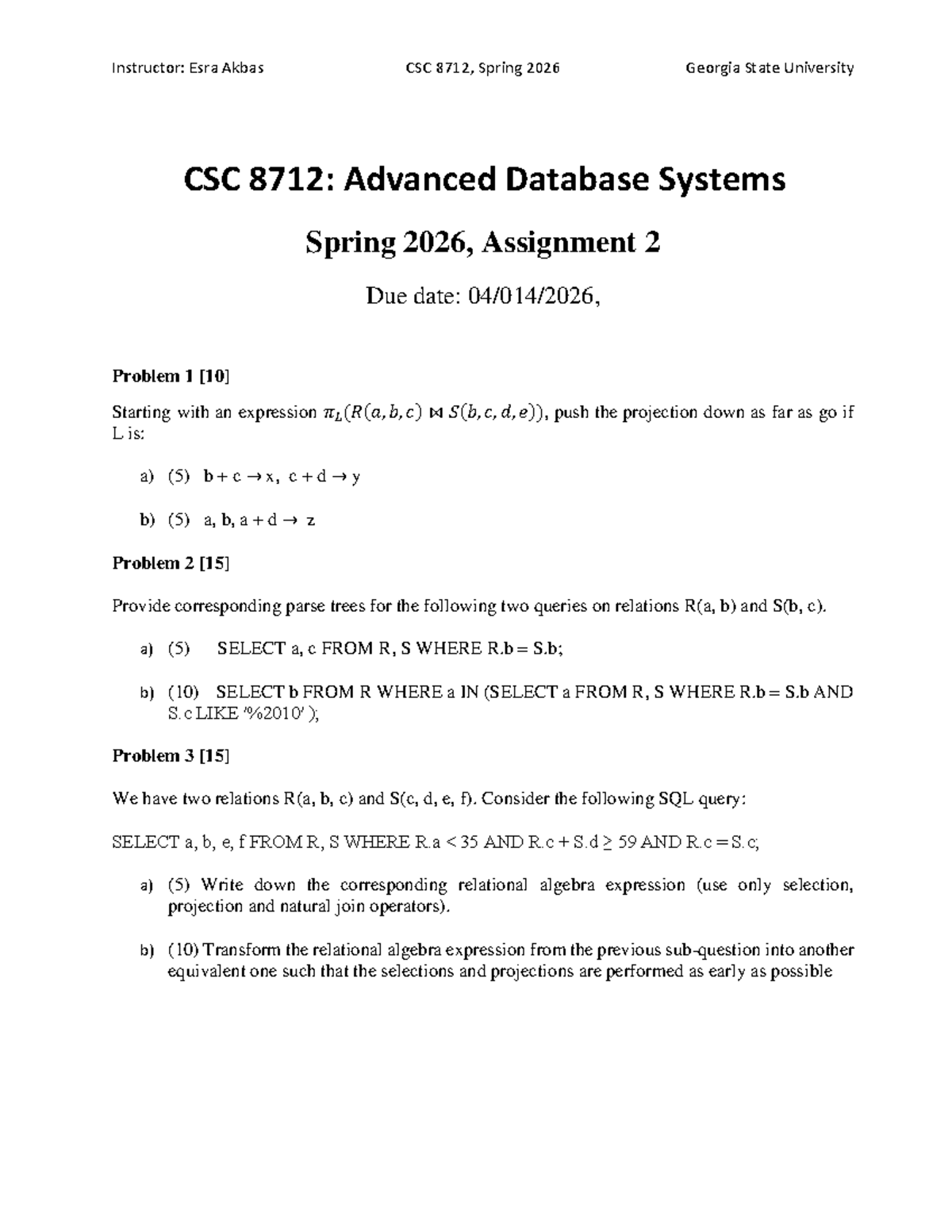 CSC 8712: Advanced Database Systems Assignment 2 Spring 2026 - Studocu