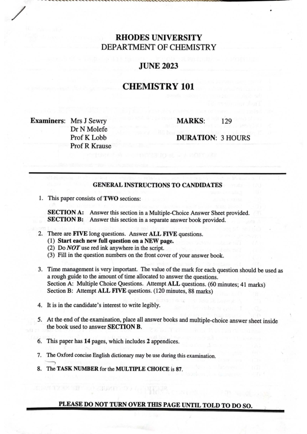 Chemistry 101 June 2023 Final Exam Questions and Instructions - Studocu