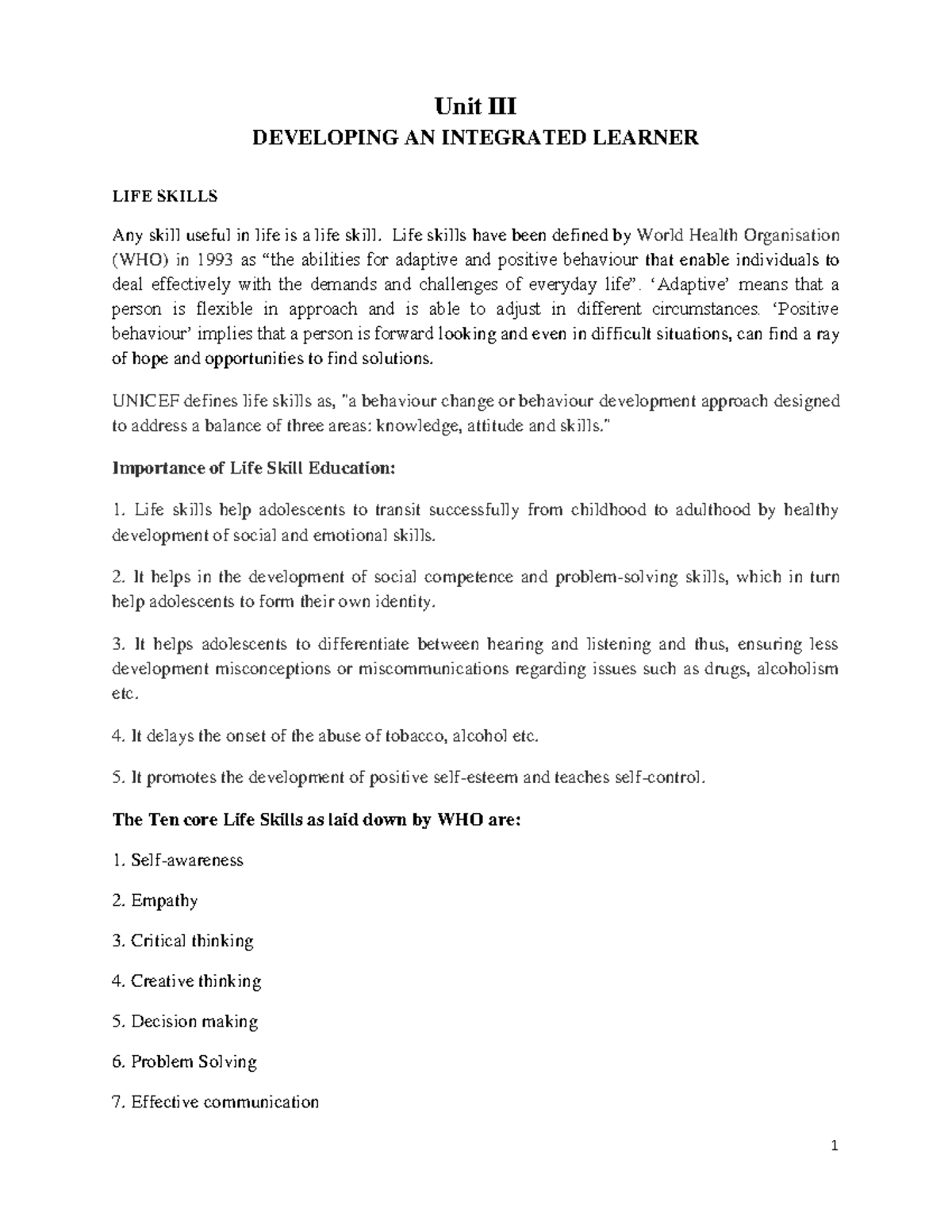 Unit III Life Skills Education - EDU 11 Midterm Study Notes - Studocu