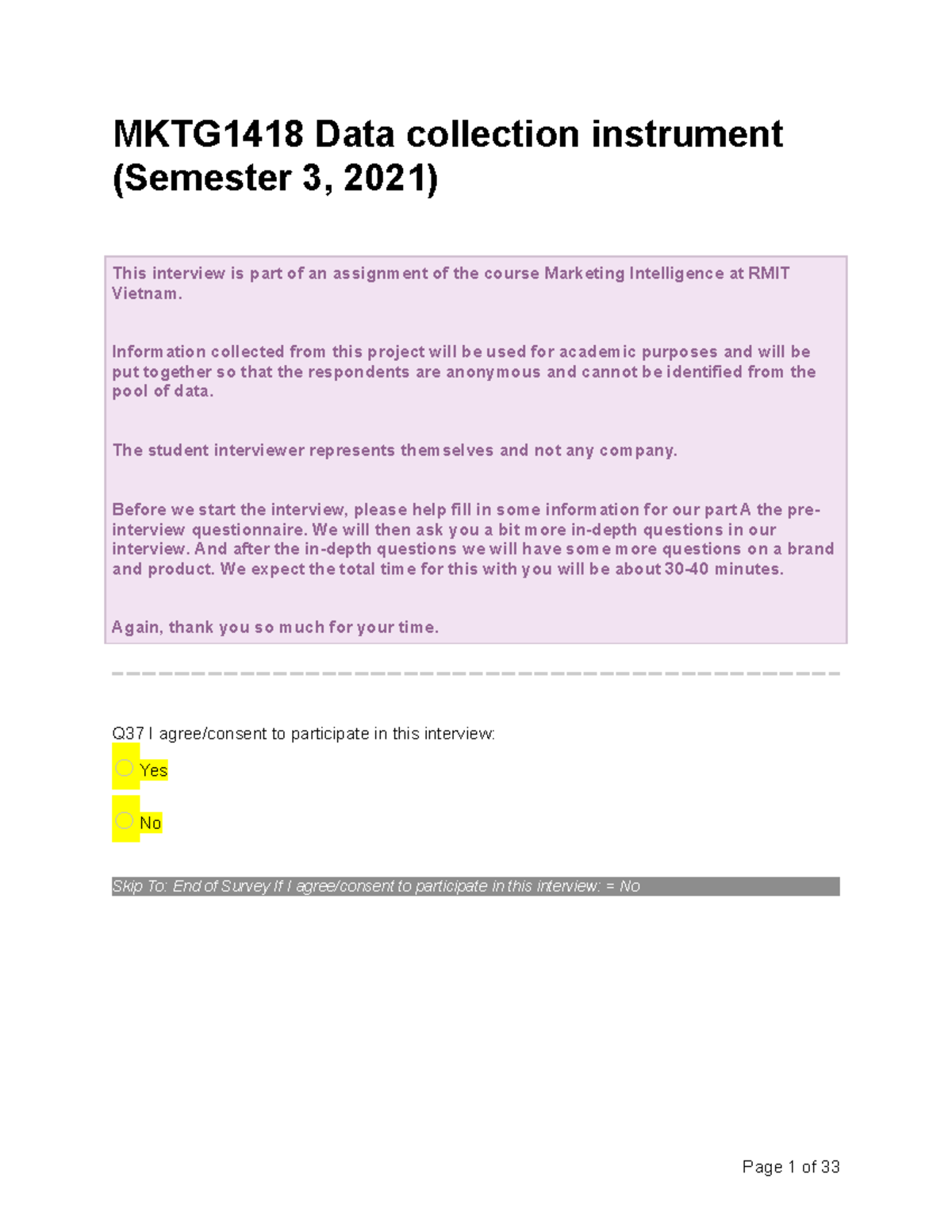 MKTG1418 Data Collection Instrument for Coffee Consumption Study - Studocu