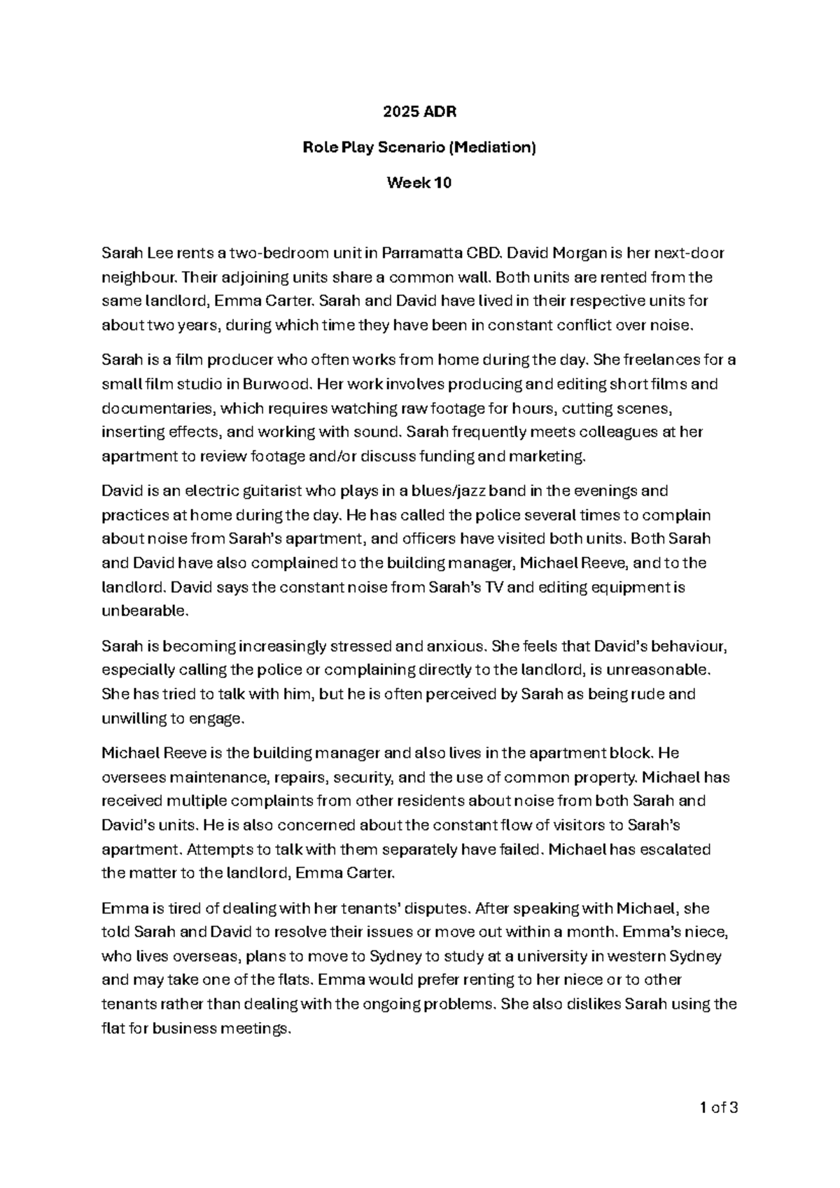 2025 ADR Role Play Scenario (Mediation) - Week 10 Assessment - Studocu