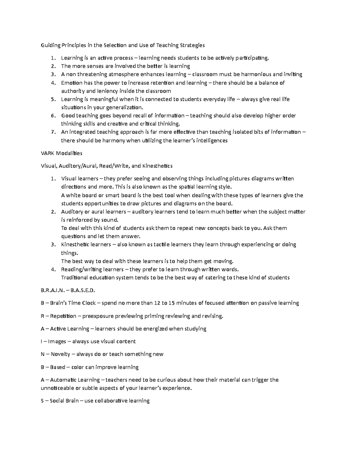 Teaching Strategies: Principles and VARK Modalities Explained - Studocu