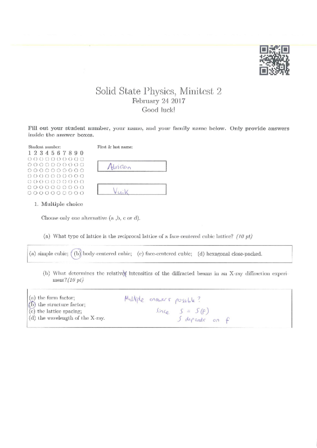 Minitest 2 Solutions for Solid State Physics (PHYS 301) - Studeersnel