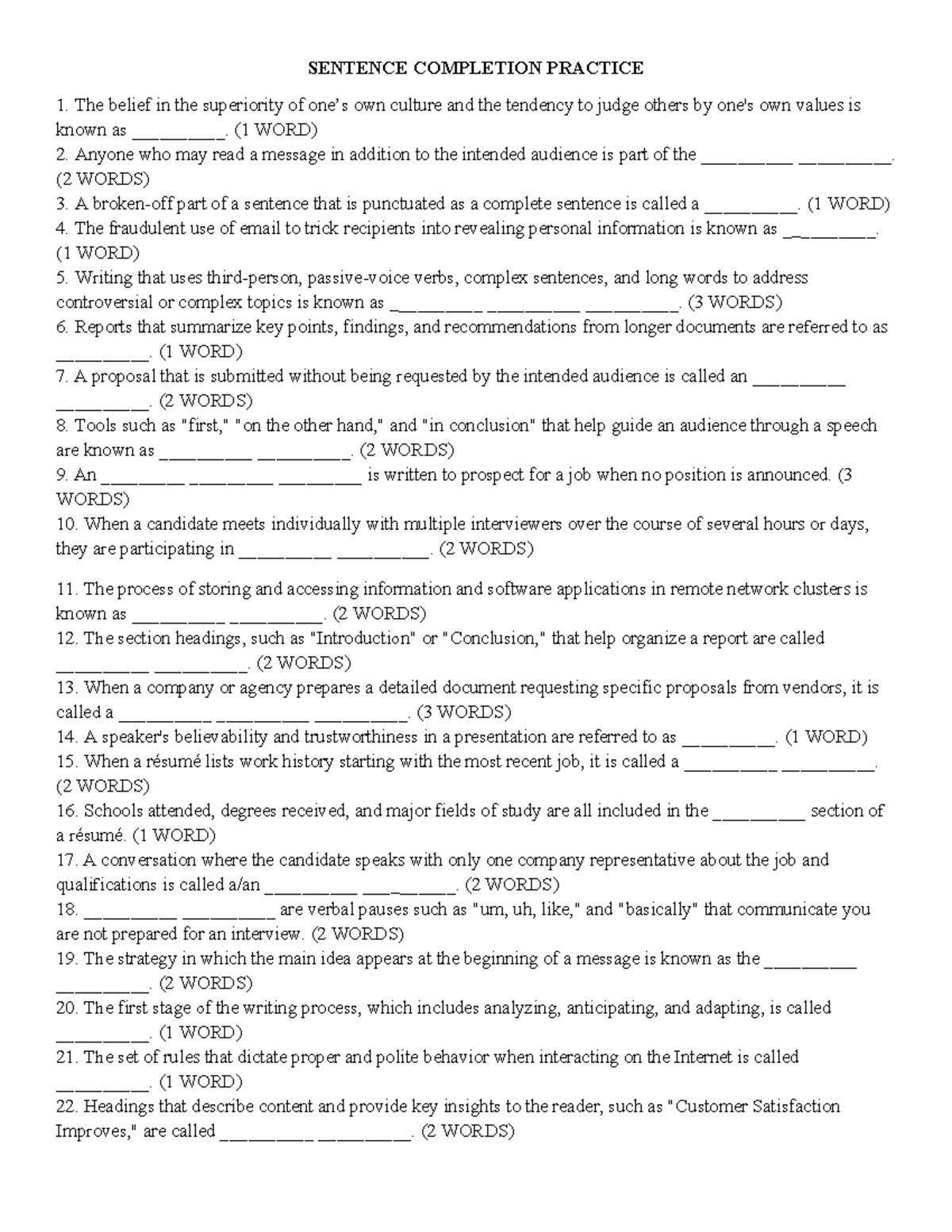 Sentence Completion Practice - ESP121 Final Exam - Studocu