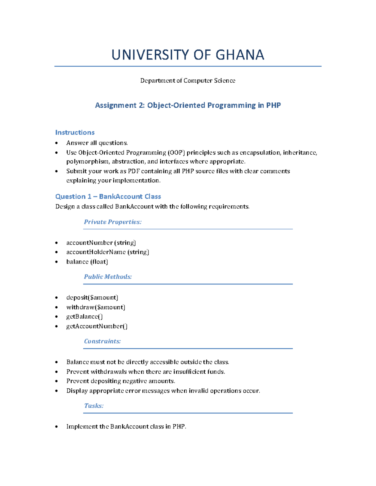 PHP OOP Assignment 2: BankAccount & Student Class Design - Studocu