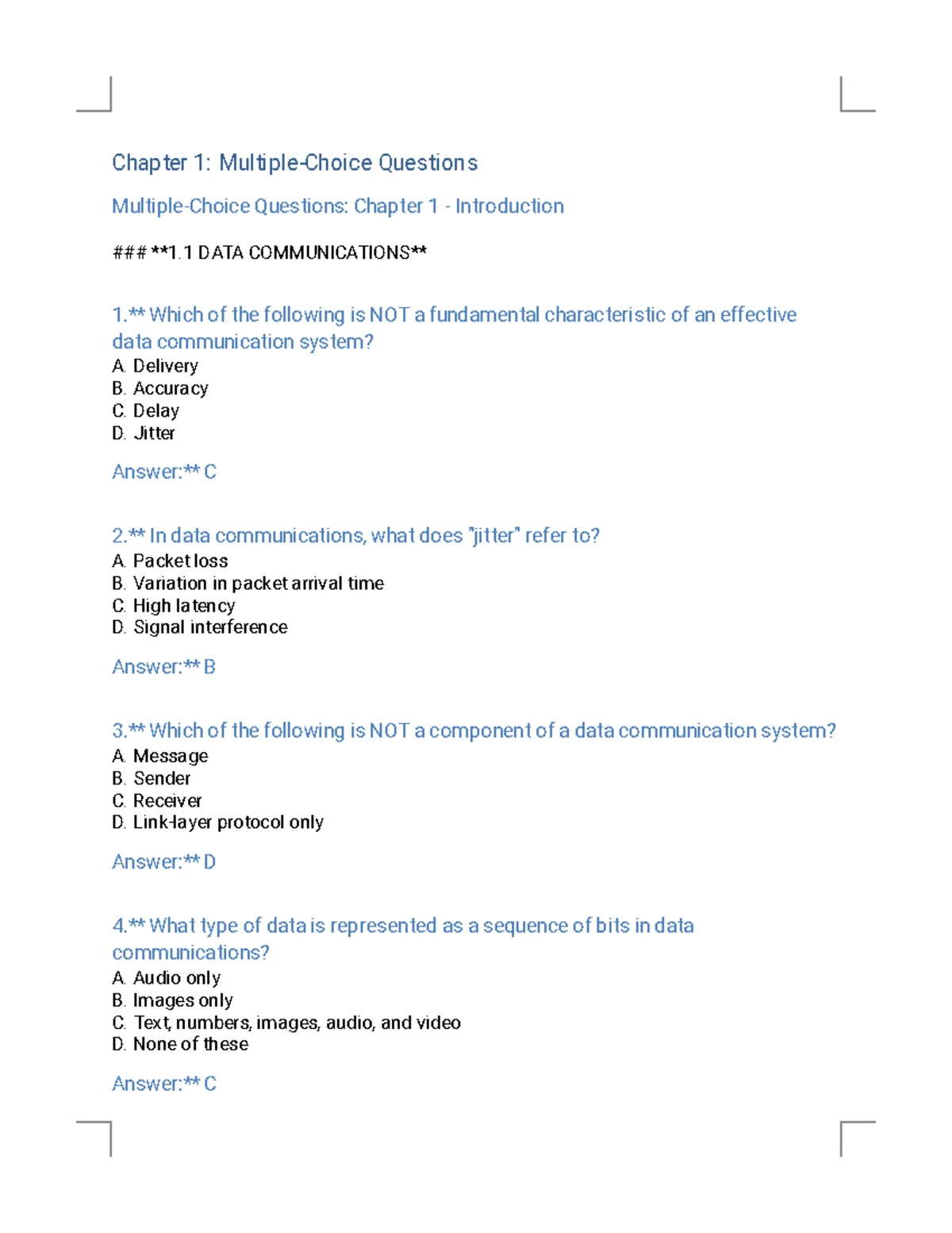 Chapter 1 MCQs - Summary on Data Communications & Networking - Studocu