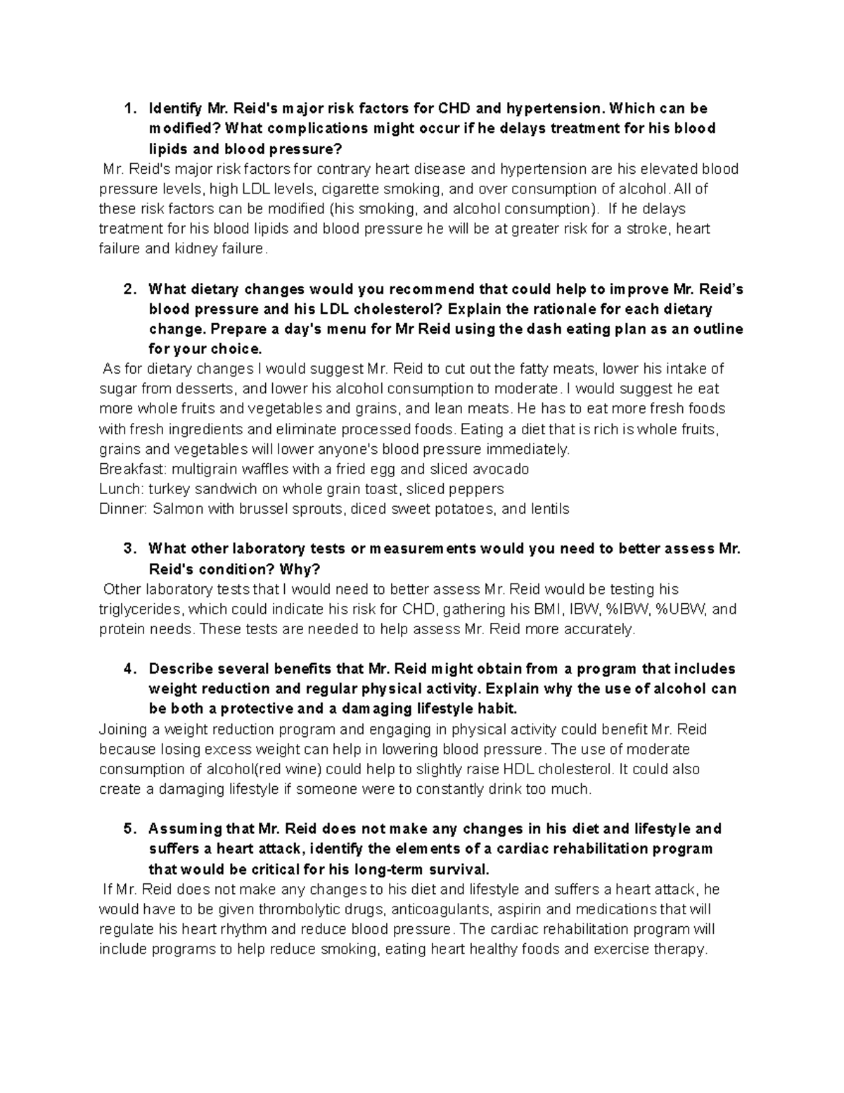 Case Study: Risk Factors and Dietary Changes for Mr. Reid (Chapter 22 ...