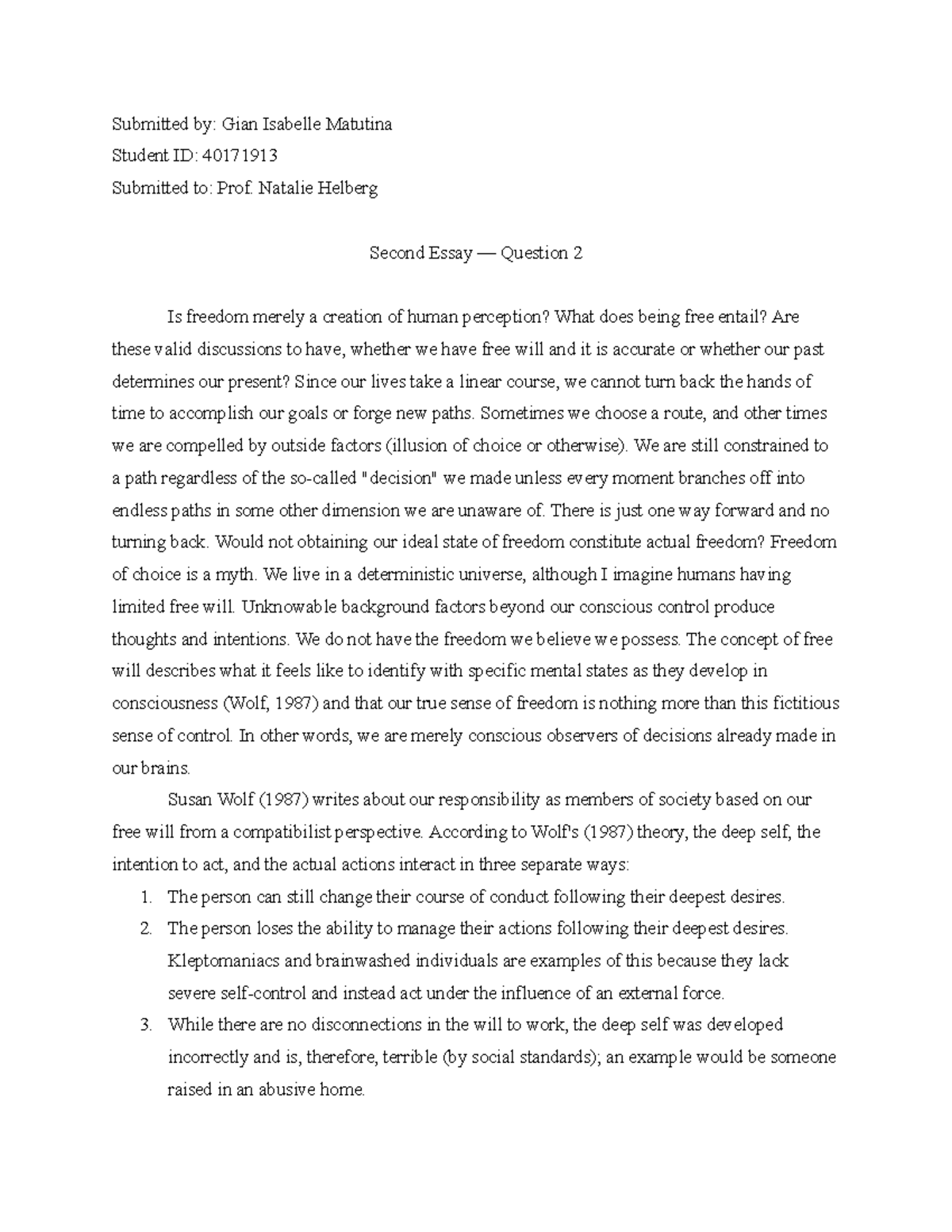 PHIL 201 - Essay #2: The Illusion of Free Will and Determinism - Studocu