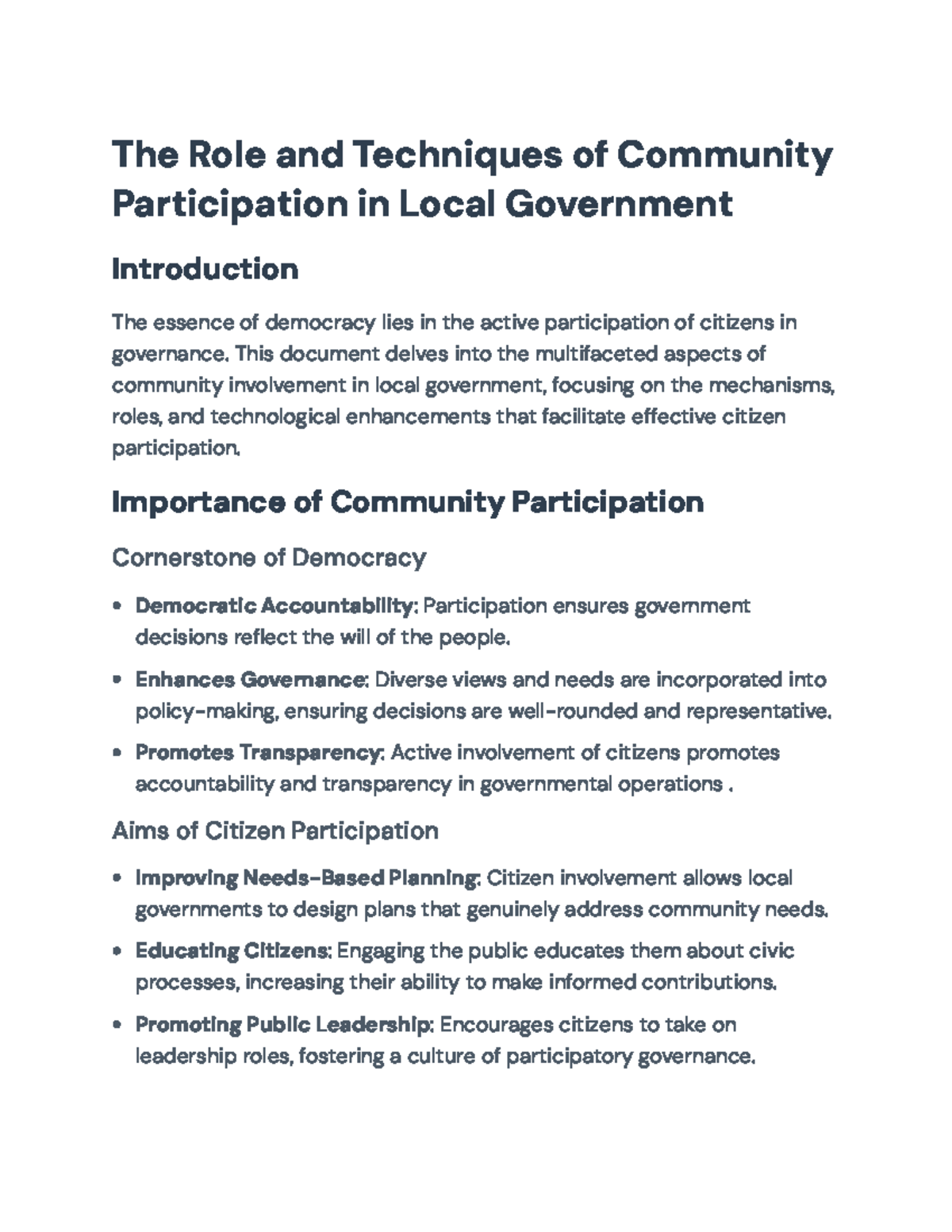 Techniques and Importance of Community Participation in Local ...