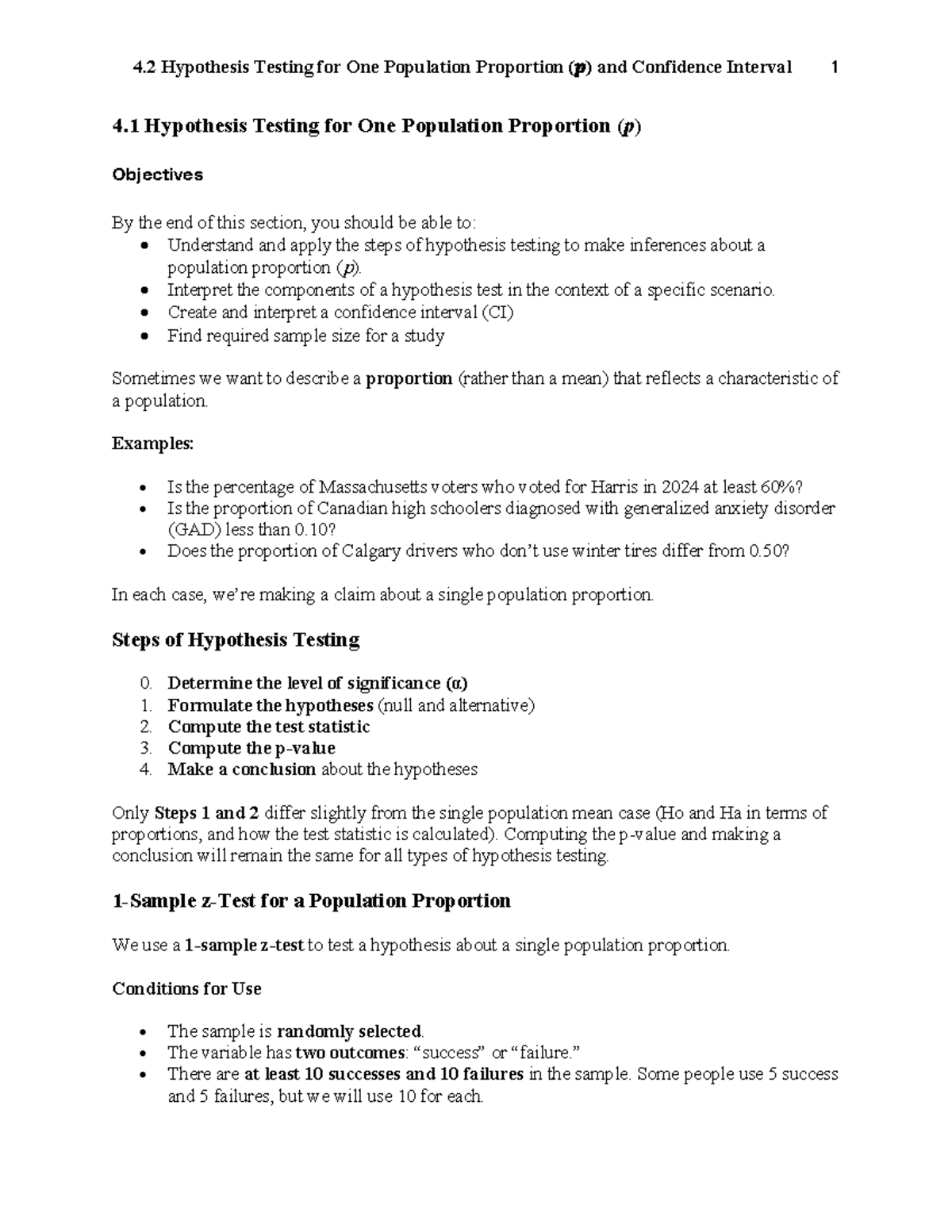 4.2 Hypothesis Testing for One Population Proportion and CI - Studocu