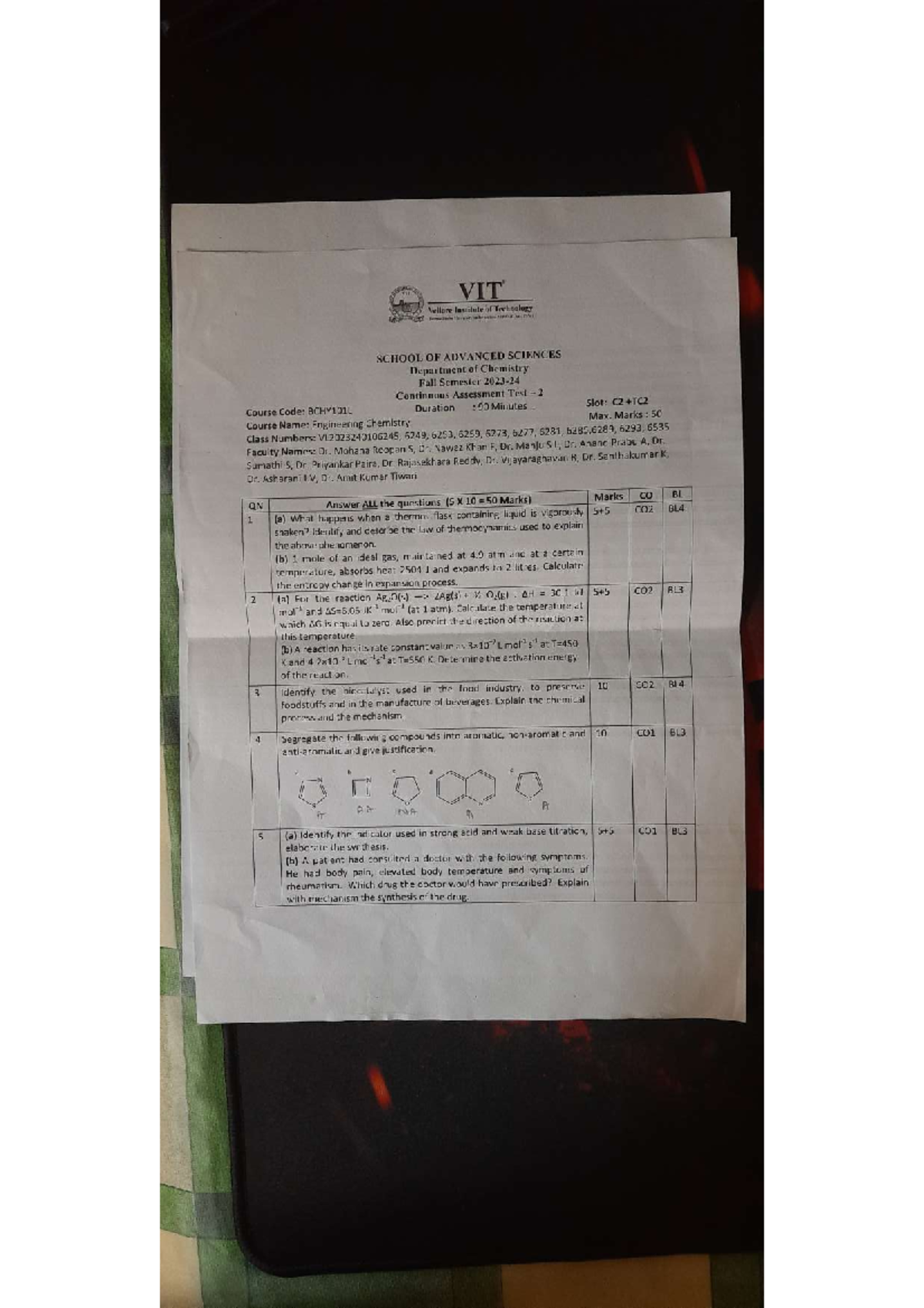 BCHY101L Engineering Chemistry Fall 2023 Continuous Assessment Test 2 ...