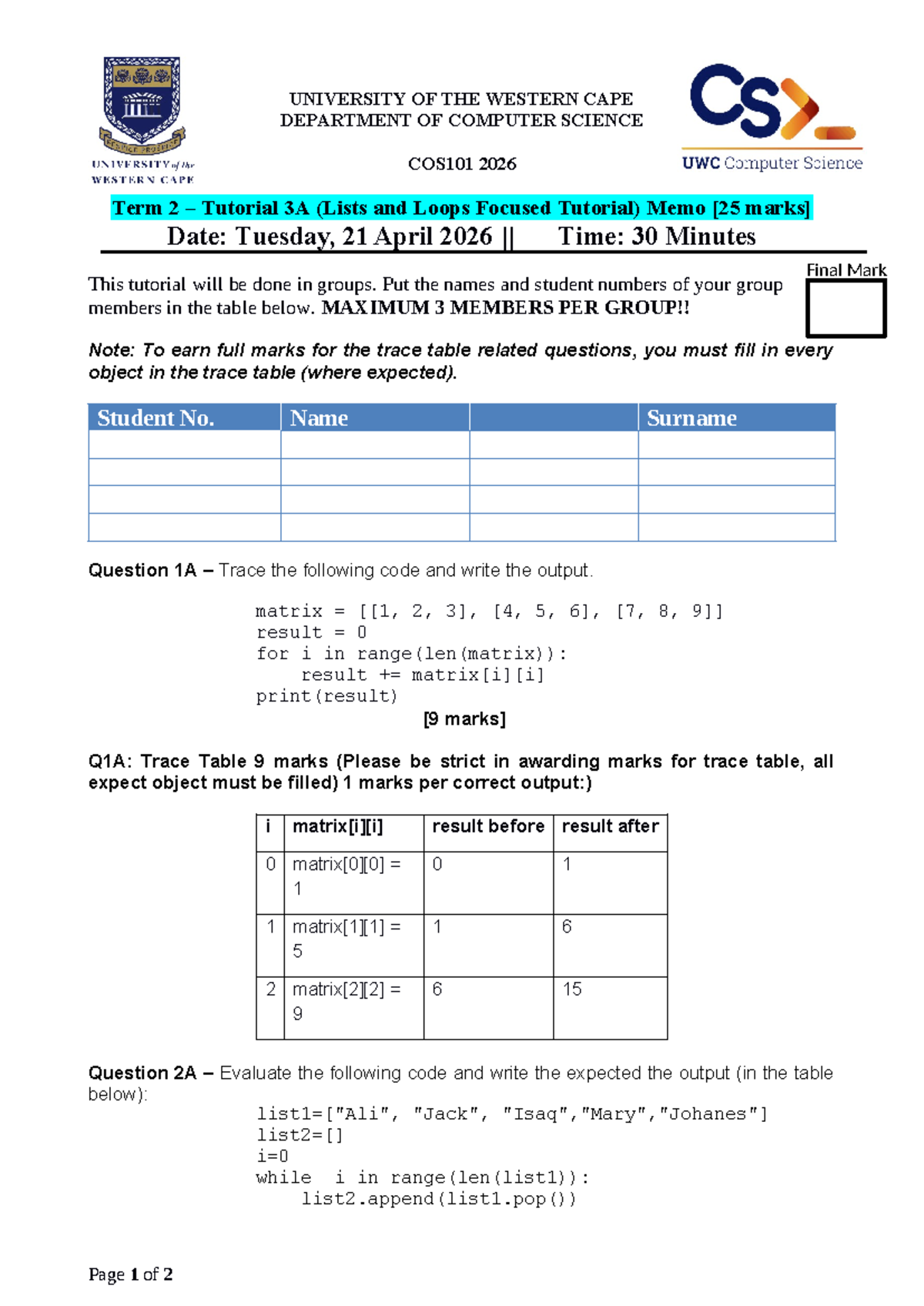 COS101 2026 Term 2 Tutorial 3A Memo: Lists & Loops Evaluation - Studocu