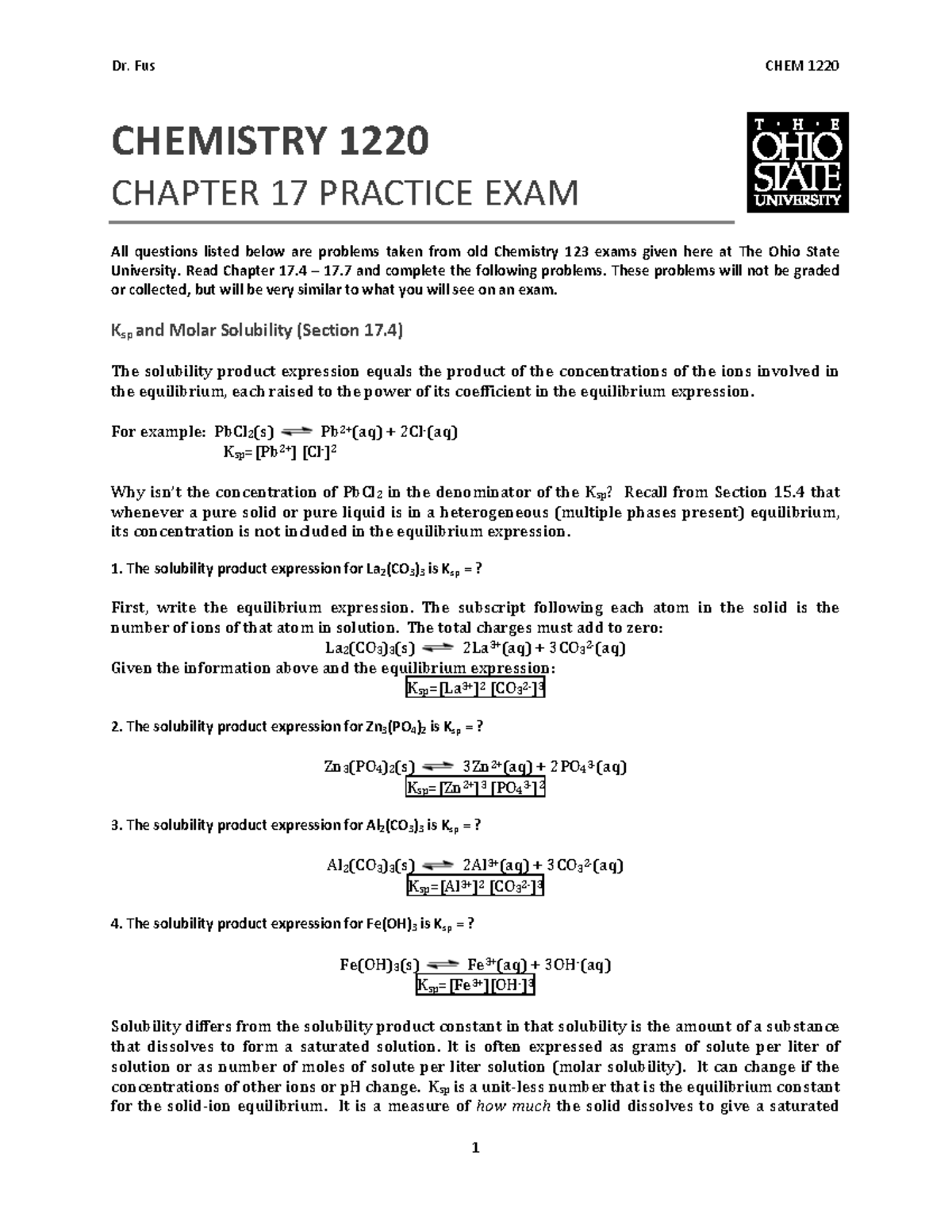 Dr. Fus CHEM 1220 CHEMISTRY 1220 CHAPTER 17 PRACTICE EXAM SOLUTIONS ...