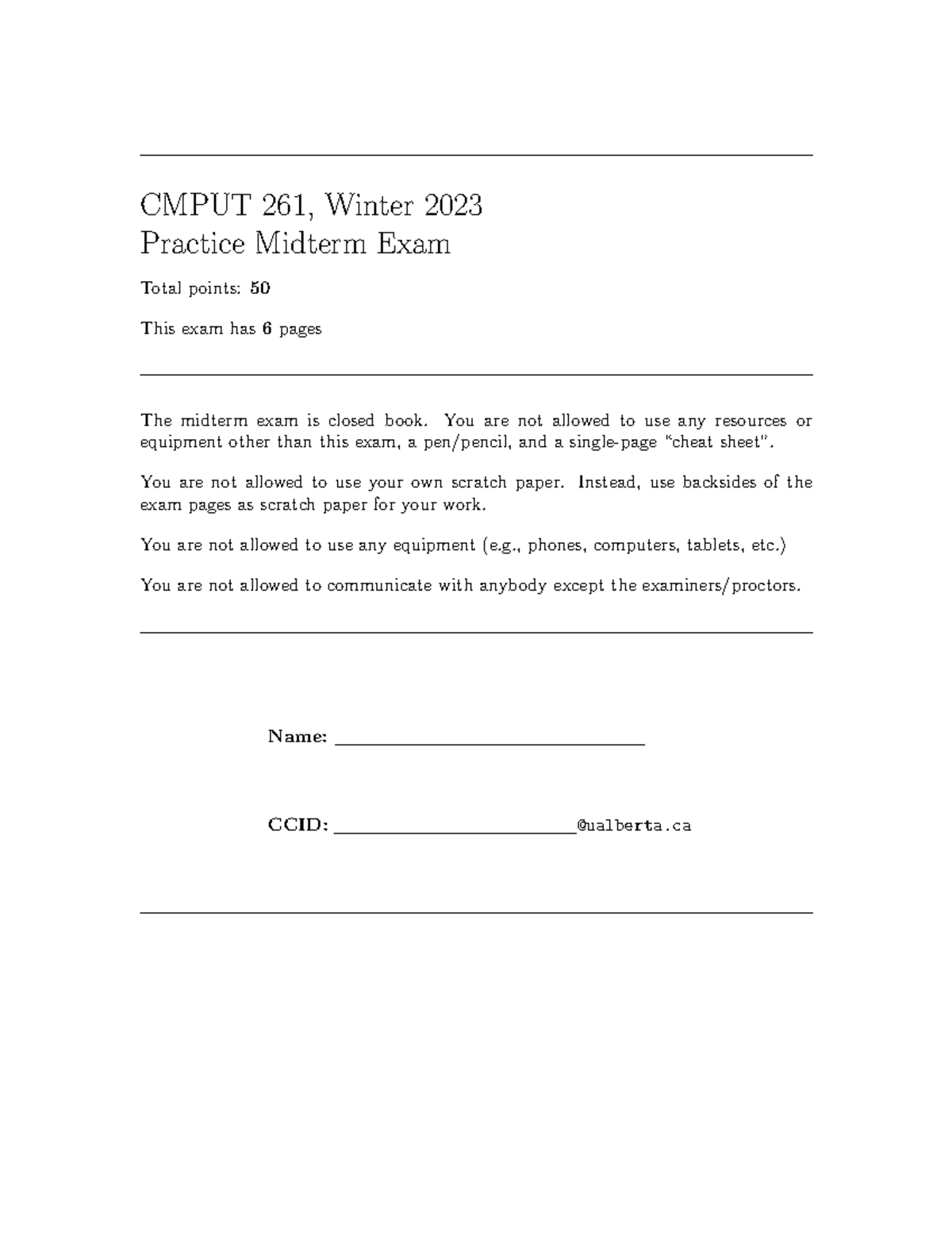 CMPUT 261 Practice Midterm Exam - Winter 2023 (23W) - Studocu