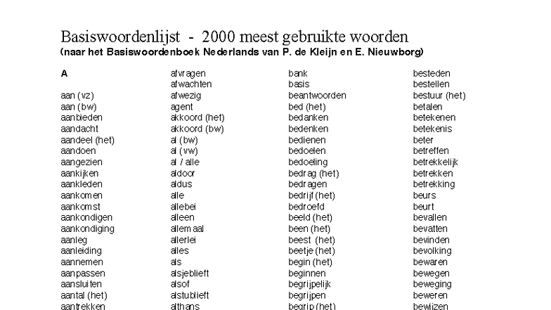 Basiswoordenlijst: 2000 Meest Gebruikte Woorden in het Nederlands ...