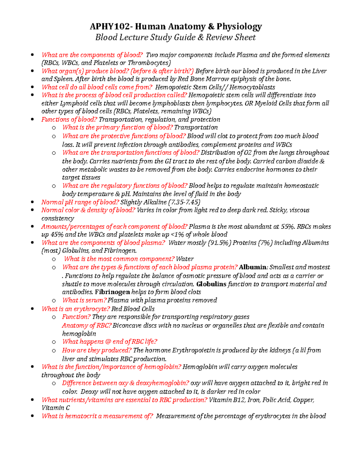 APHY102 Blood Study Guide - APHY102- Human Anatomy & Physiology Blood ...