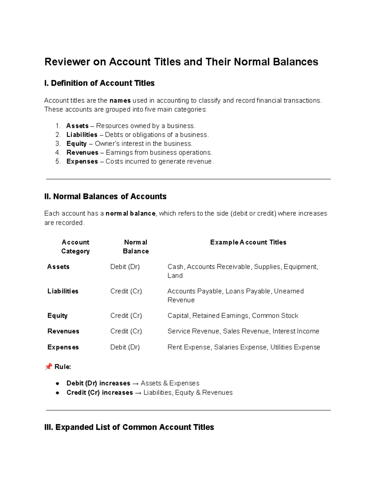 Review on Accnt Titles & Normal Balances for ACC101 Course - Studocu