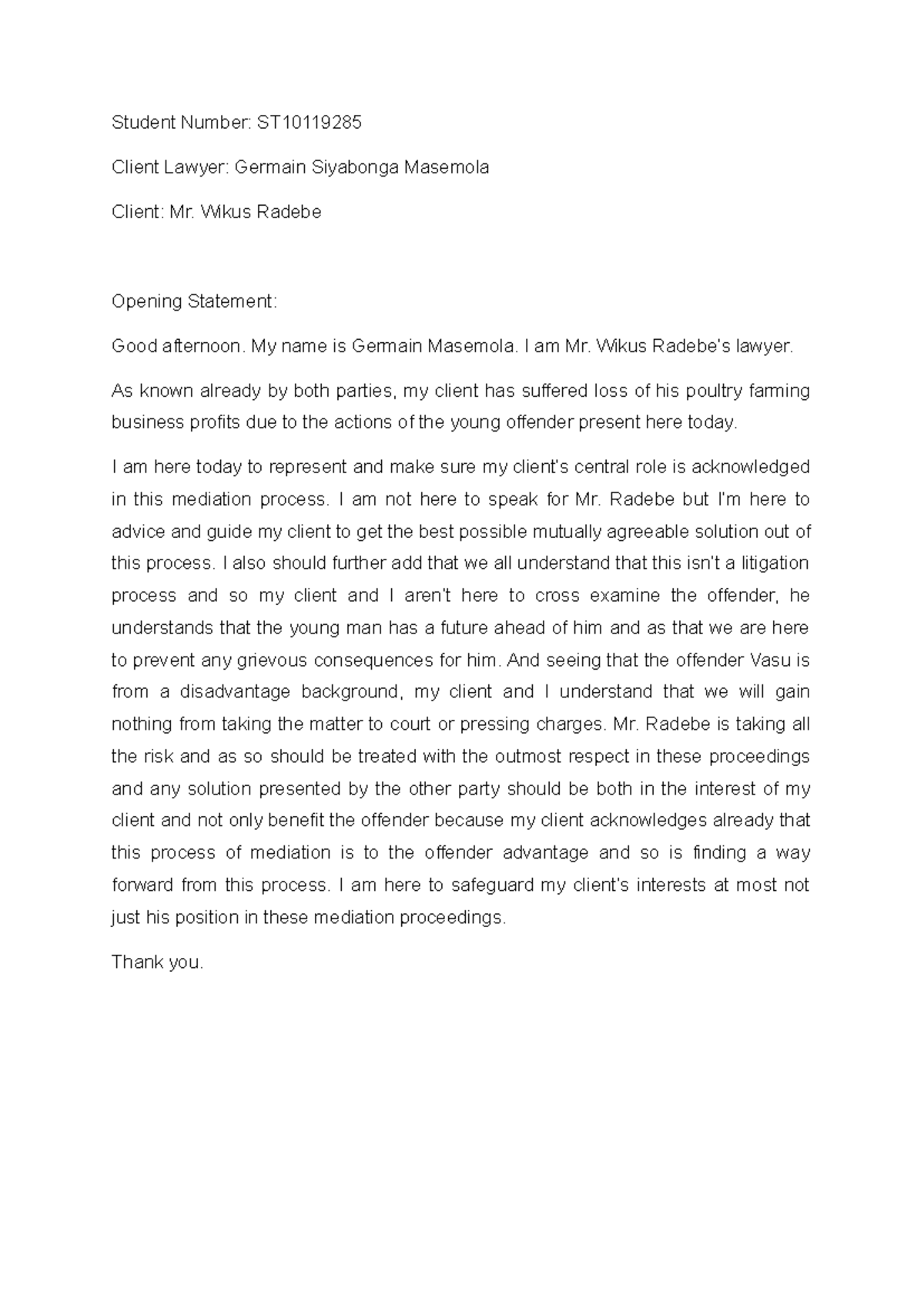 Mediation Opening Statement for Mr. Radebe's Case (ST) - Studocu