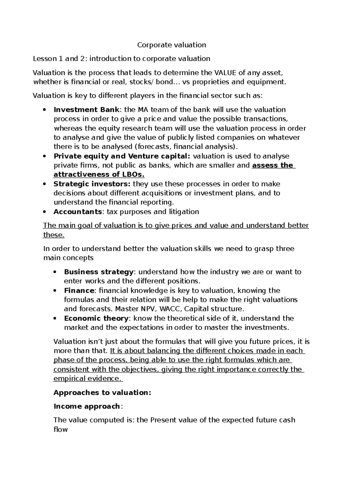 Corporate Valuation Lesson 1 & 2: Intro to Valuation Concepts - Studocu