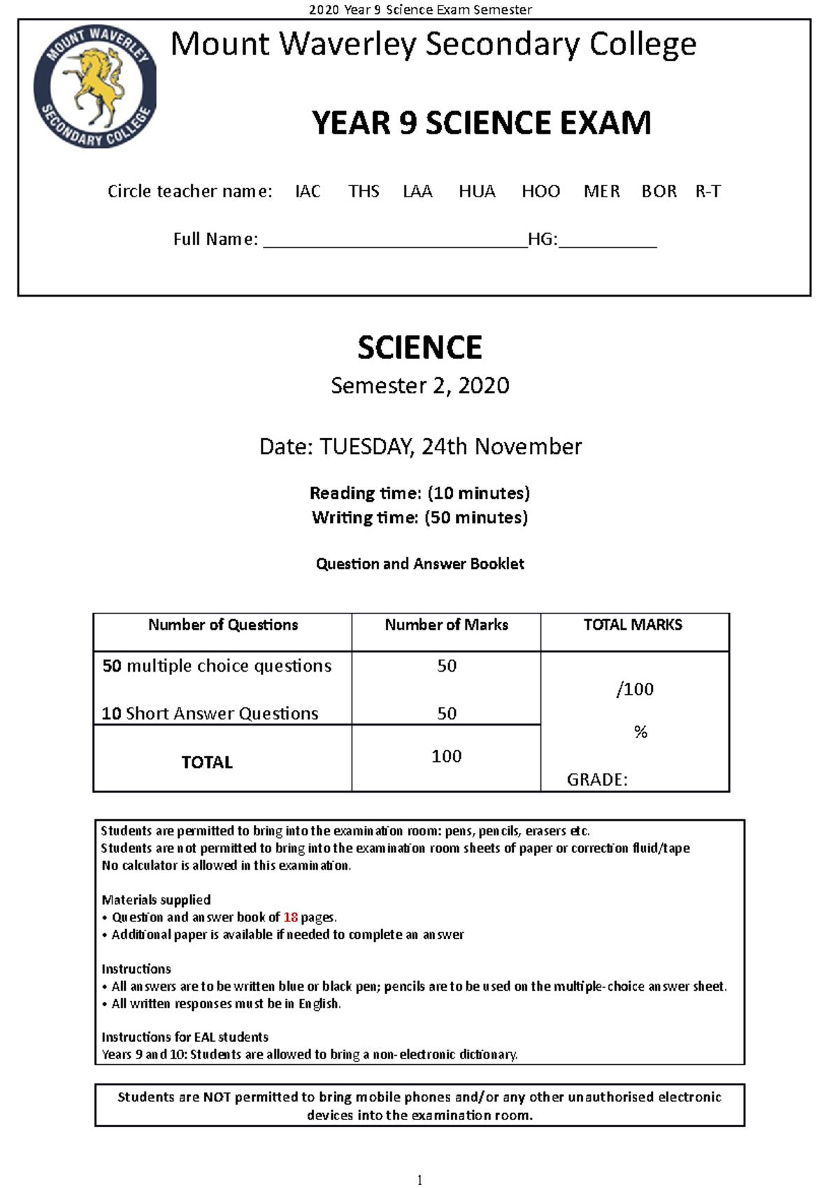 Year 9 Science Exam Sem 2 2020 - Final Assessment Guide - Studocu