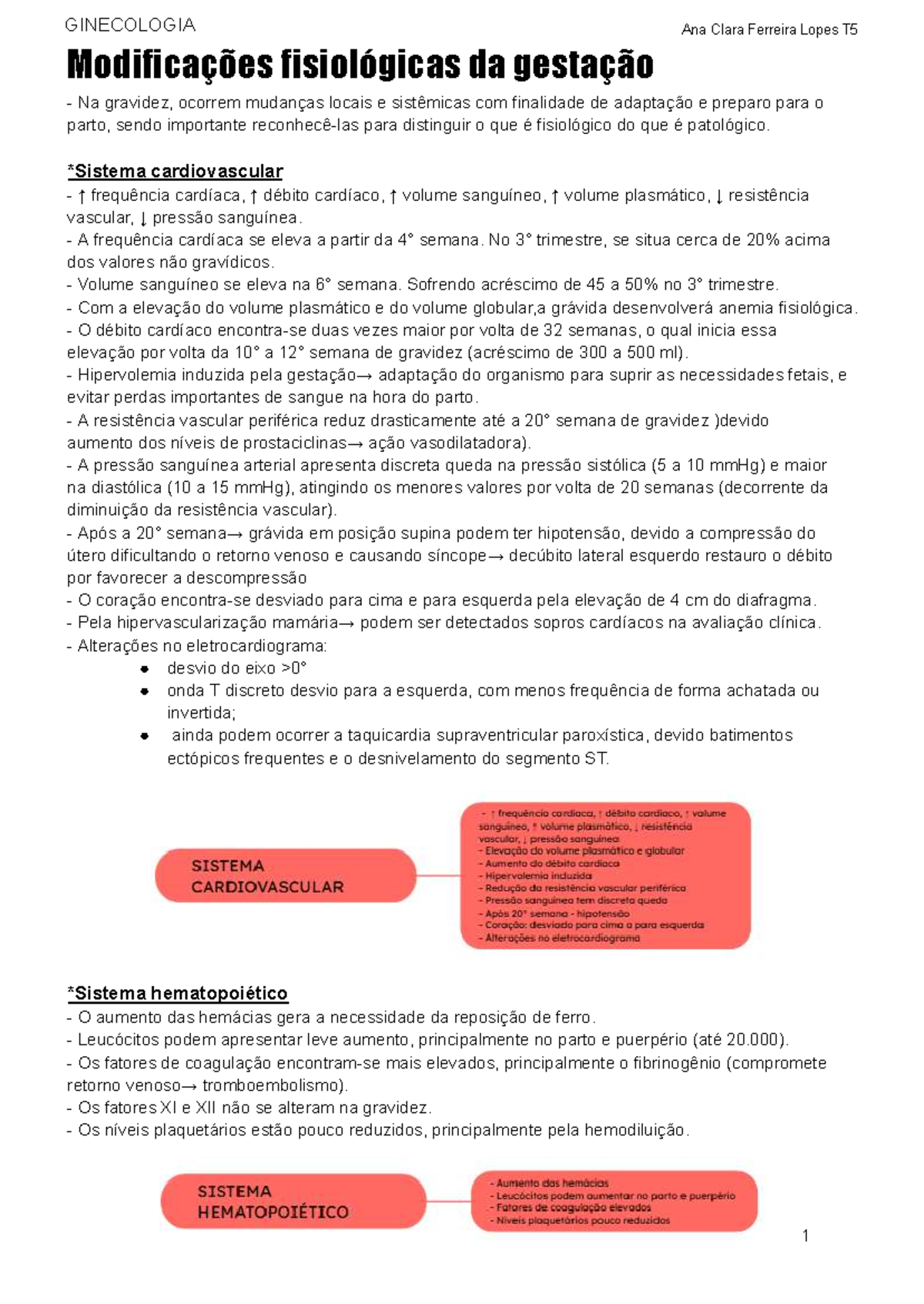 Resumo de GINECOLOGIA T5: Modificações Fisiológicas na Gestação - Studocu