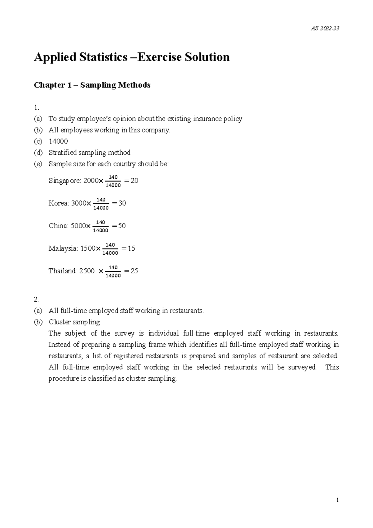AS Exercise Solution - Applied Statistics – Exercise Solution Chapter 1 ...