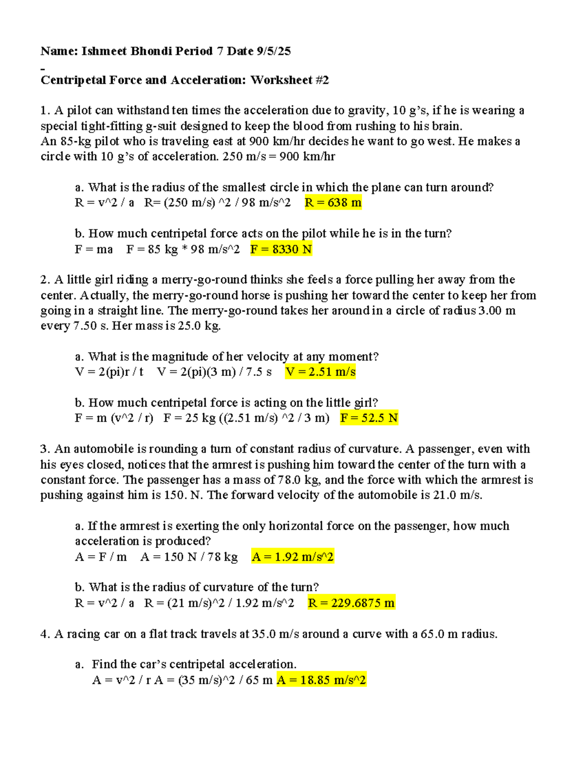 Centripetal Force & Acceleration Problems: Worksheet 1 (Physics) - Studocu