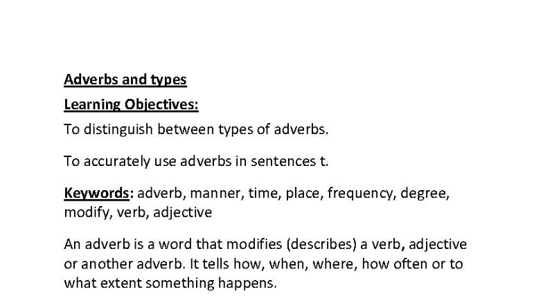 Adverbs AND Types - english note - Adverbs and types Learning ...